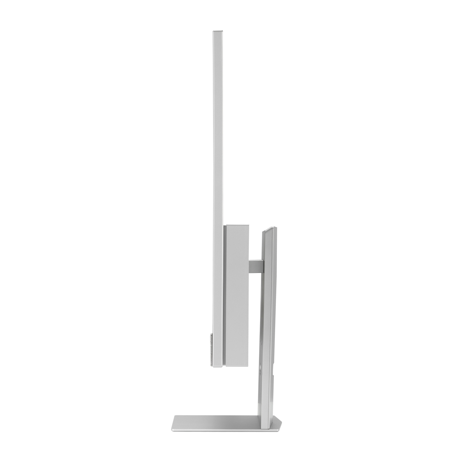 A side view of a silver computer monitor. The screen is thin and rectangular, supported by a stand.