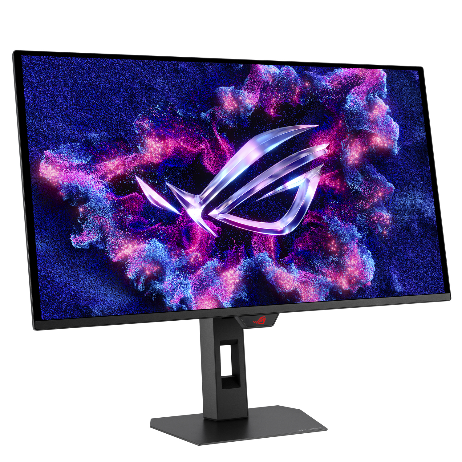 A black computer monitor displays a colorful design. It has a stand. The screen shows a logo and a background with purple and blue colors.