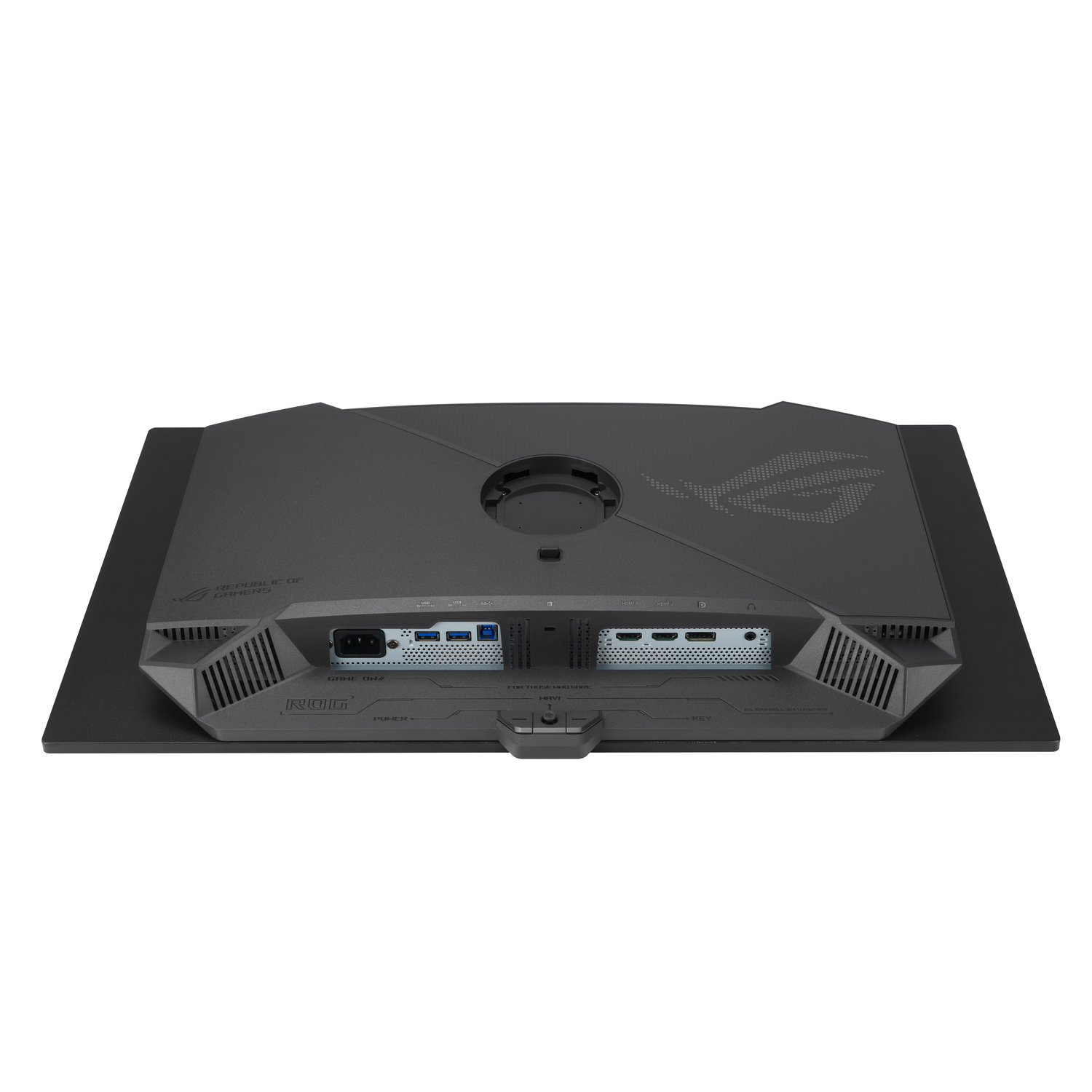 Rear view of a black monitor. It has ports for power, HDMI, and USB. The ROG logo is visible.