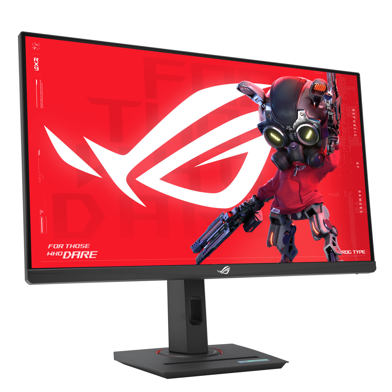 A gaming monitor displays a robot graphic. The screen shows a red background with the ROG logo and text. The monitor is black.