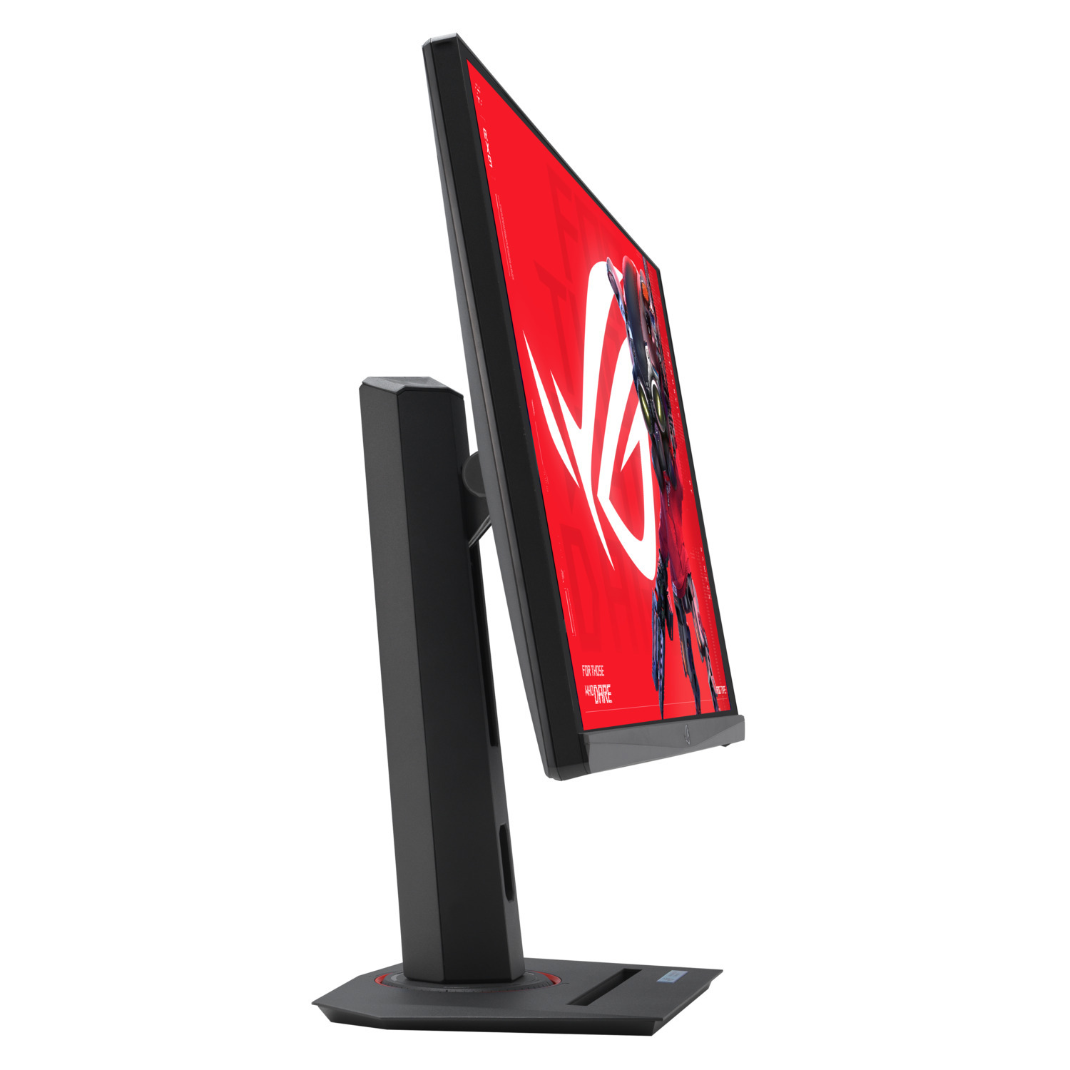 A black monitor with a red screen displaying a logo. The stand is black. The screen is angled, showing the side view.