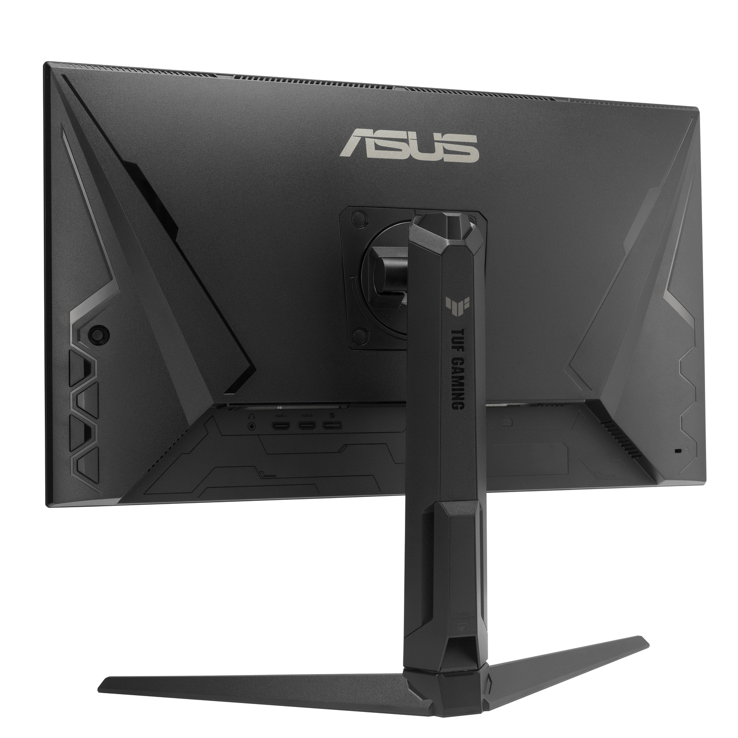 Black ASUS TUF Gaming monitor back view. Features the ASUS logo, stand, and ports. Predominantly black with gray accents.