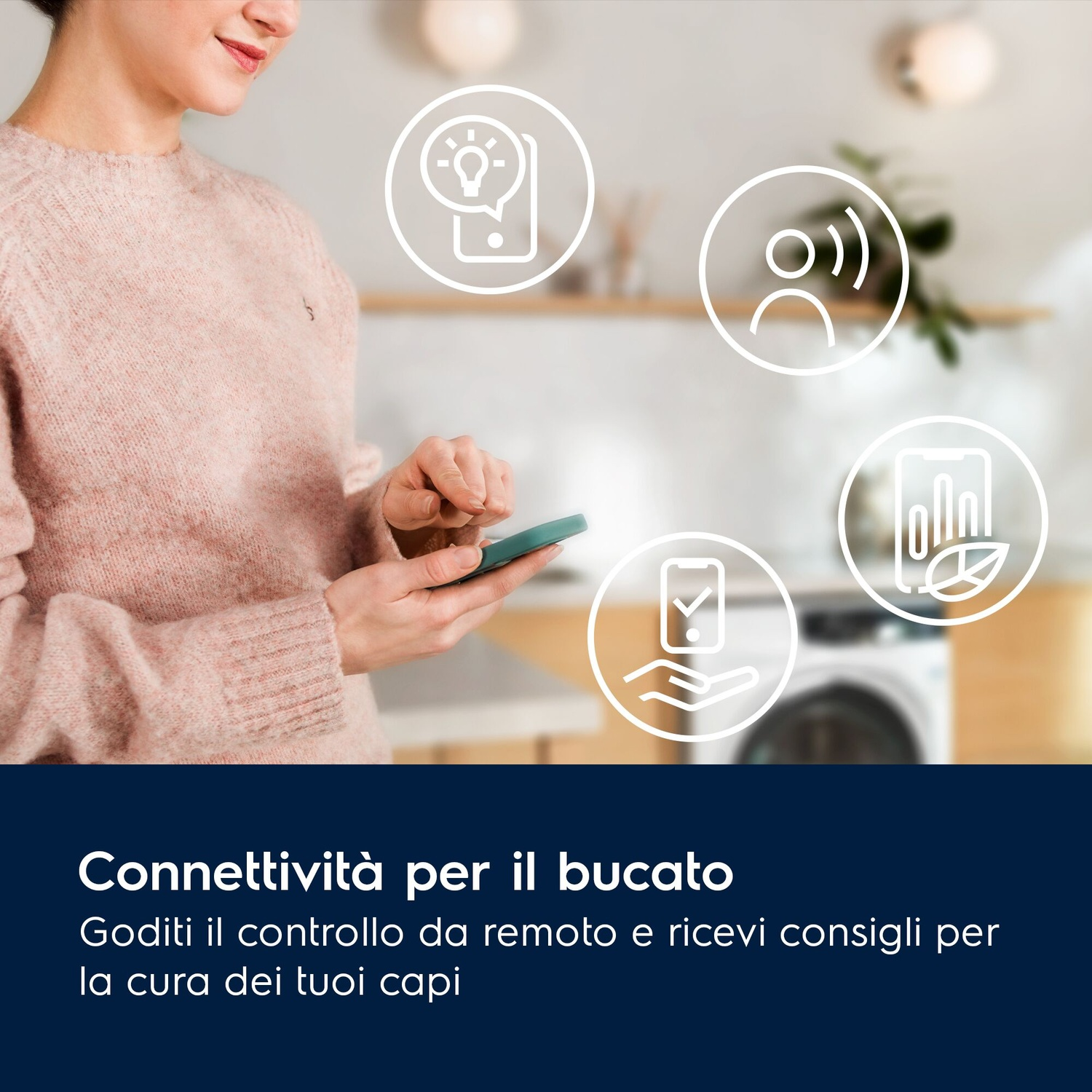 Donna con telefono, con icone di funzioni connesse. Testo: 'Connettività per il bucato. Goditi il controllo remoto'.