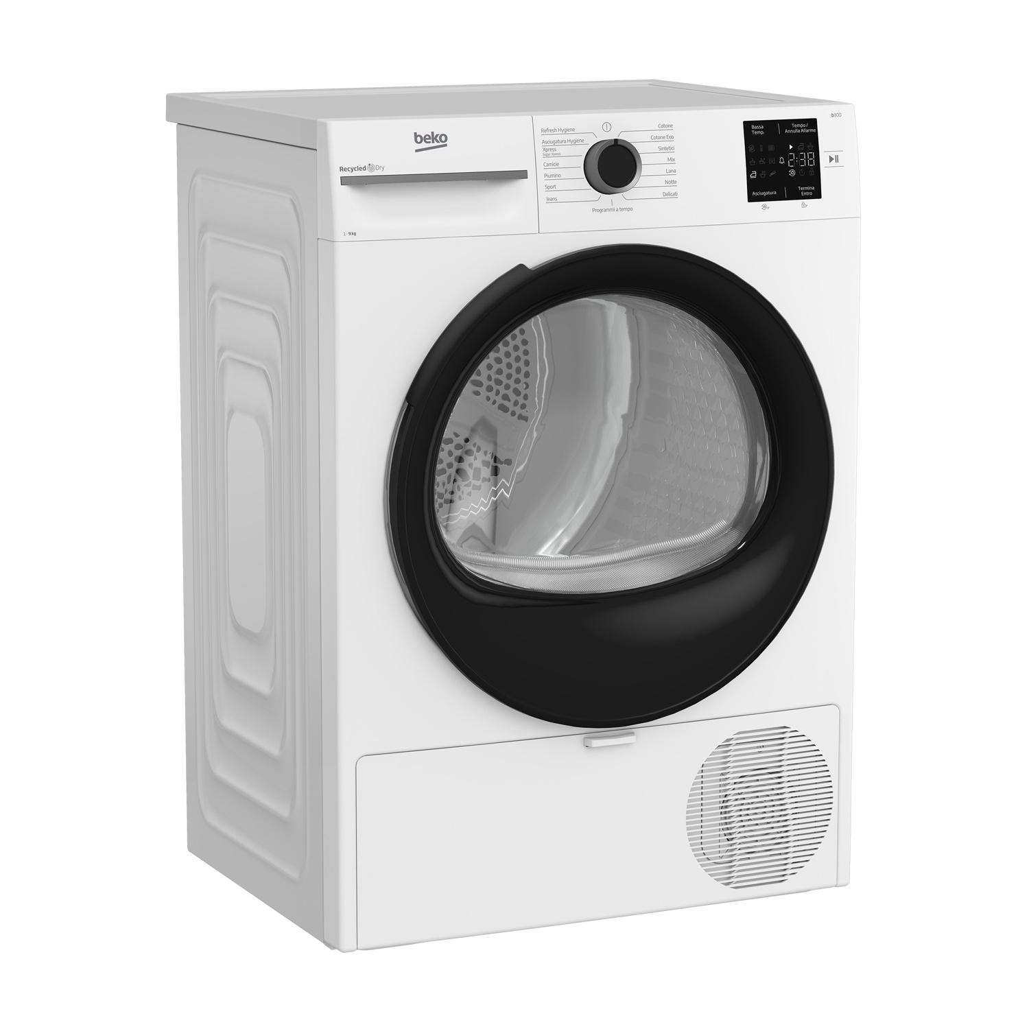 Un'asciugatrice Beko bianca con porta nera. Ha un display digitale e pulsanti di controllo. L'asciugatrice è su sfondo bianco.