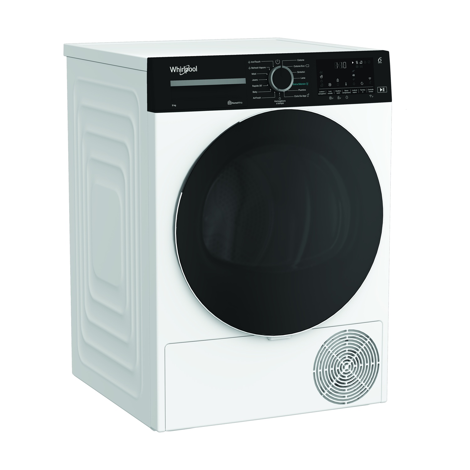 Un'asciugatrice Whirlpool bianca con porta nera. Ha un pannello di controllo con pulsanti e un display digitale. In basso c'è una presa d'aria.