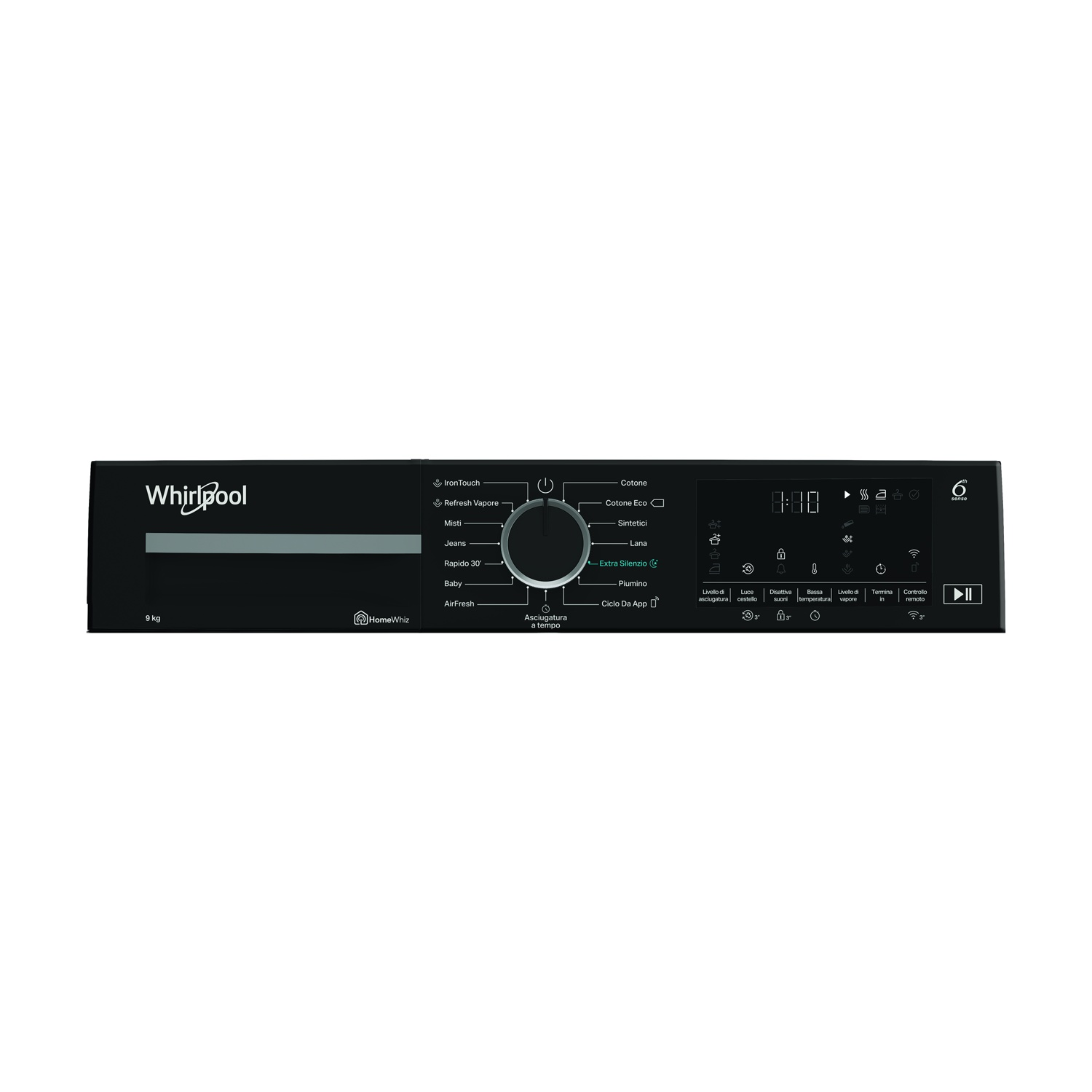 Pannello di controllo nero di lavatrice Whirlpool con varie opzioni, display digitale e pulsanti di controllo.