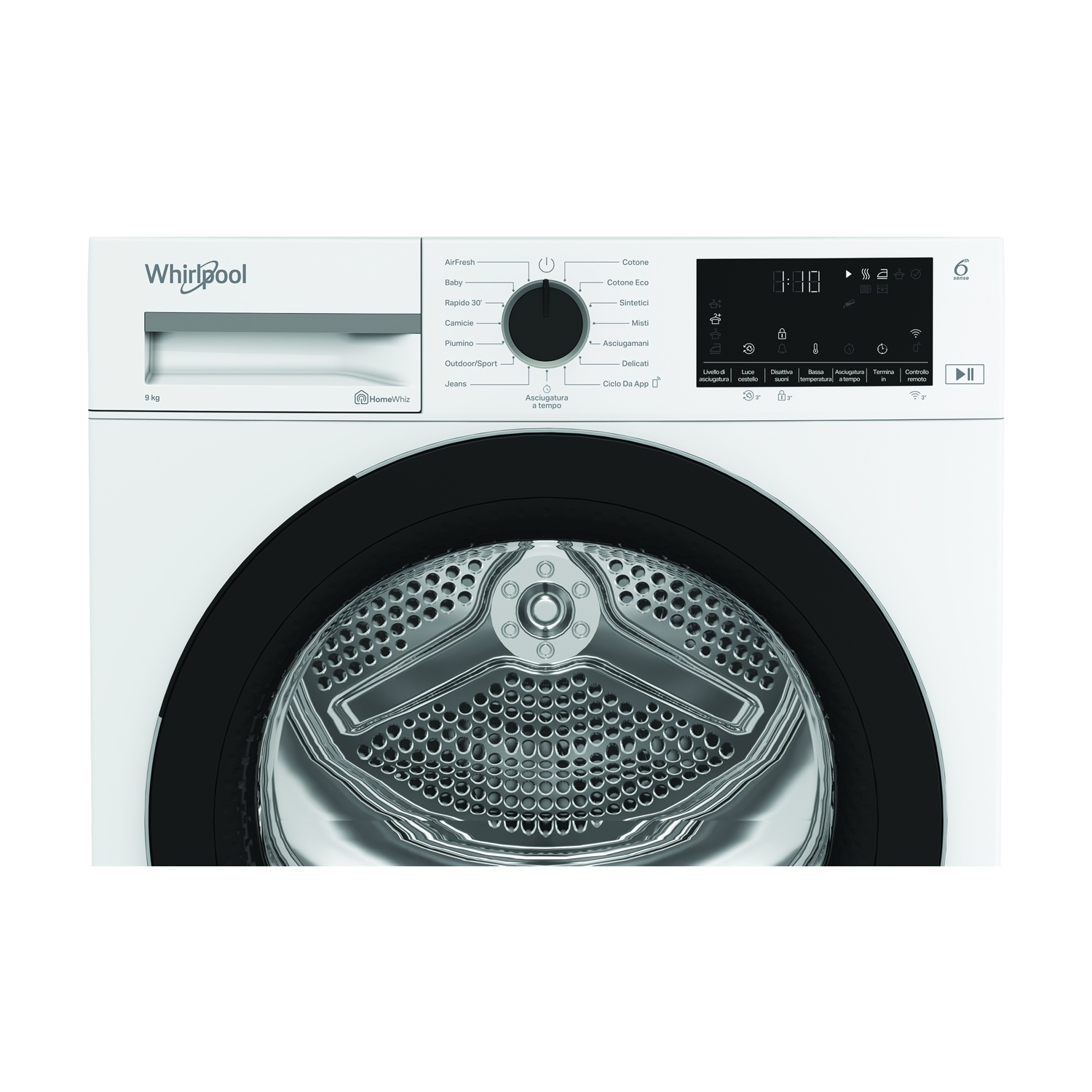 Asciugatrice Whirlpool bianca. Ha una porta nera e un display digitale. Contiene varie opzioni e controlli di asciugatura.