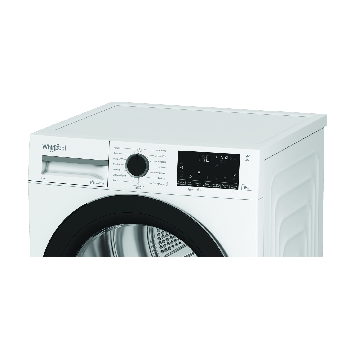 Un'asciugatrice Whirlpool bianca con porta nera. Ha un pannello di controllo con pulsanti e un display digitale. Il cestello è visibile.