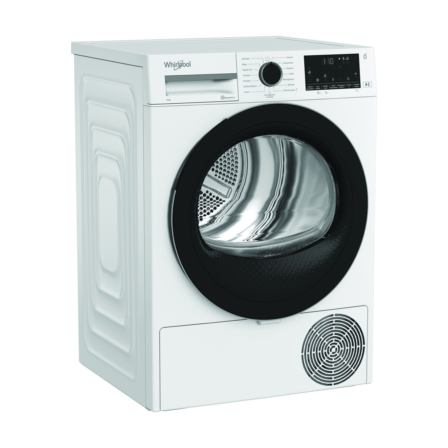 Un'asciugatrice Whirlpool bianca con porta e pannello di controllo neri. Ha un display digitale e vari pulsanti e impostazioni.