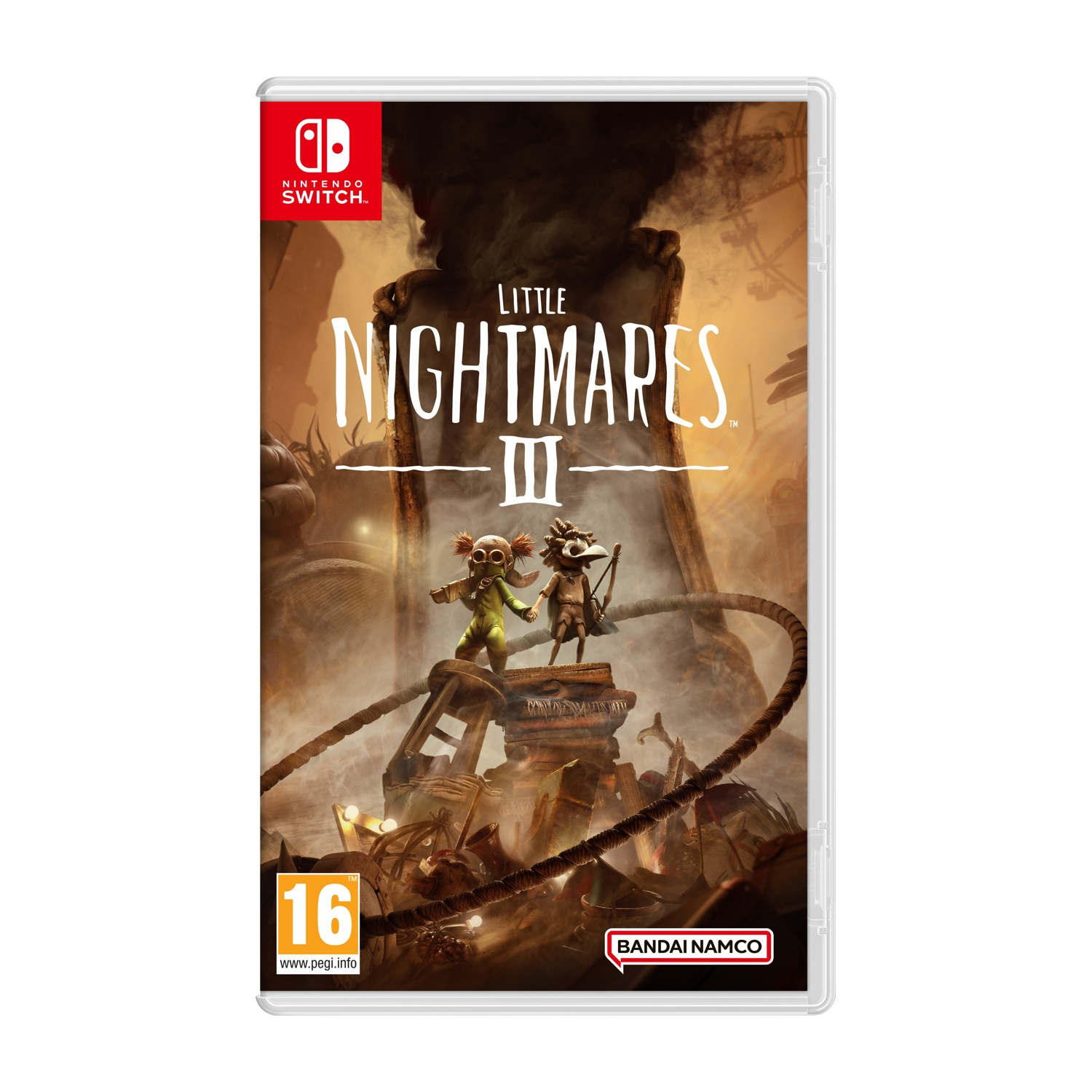 Copertina del gioco Little Nightmares III. Presenta due personaggi, uno verde e uno marrone, su uno sfondo scuro con un mostro.