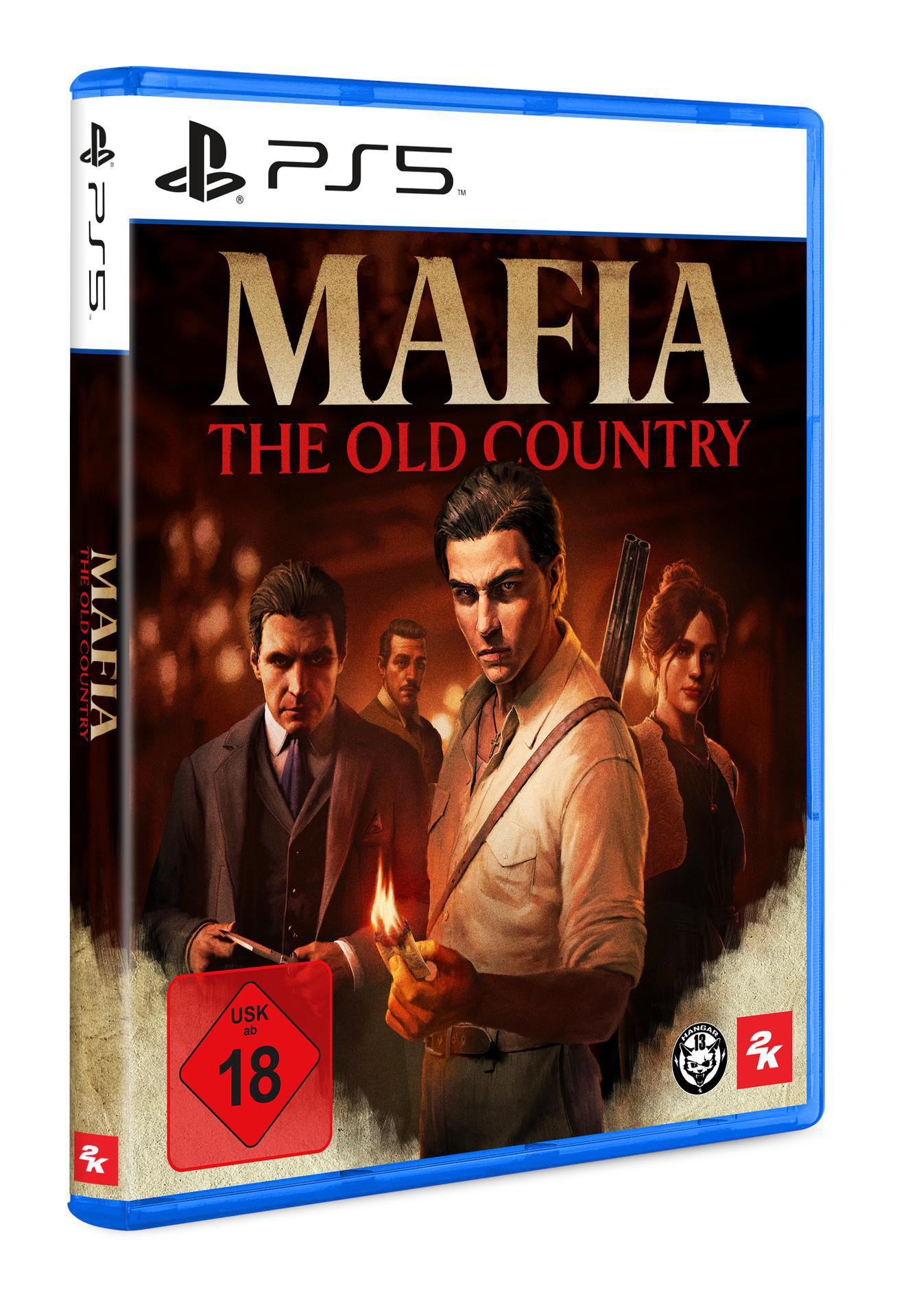 Spielcover für Mafia: The Old Country. Zeigt vier Charaktere, einen Mann mit Feuerzeug. Enthält PS5- und Alterslogos.