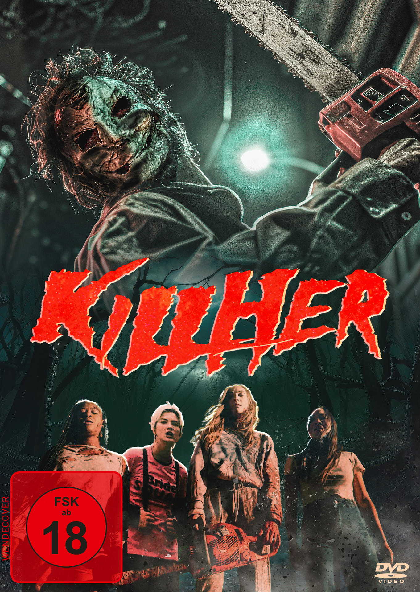 Filmplakat mit einer Figur mit Kettensäge und Opfern. Roter Text lautet 'Killer'. Ein 'FSK 18' Aufkleber ist sichtbar.