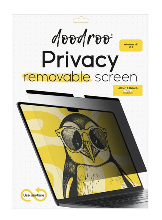 Pudełko ochronne na ekran z laptopem pokazującym pingwina w okularach przeciwsłonecznych, nazwa produktu 'doodroo Privacy'.