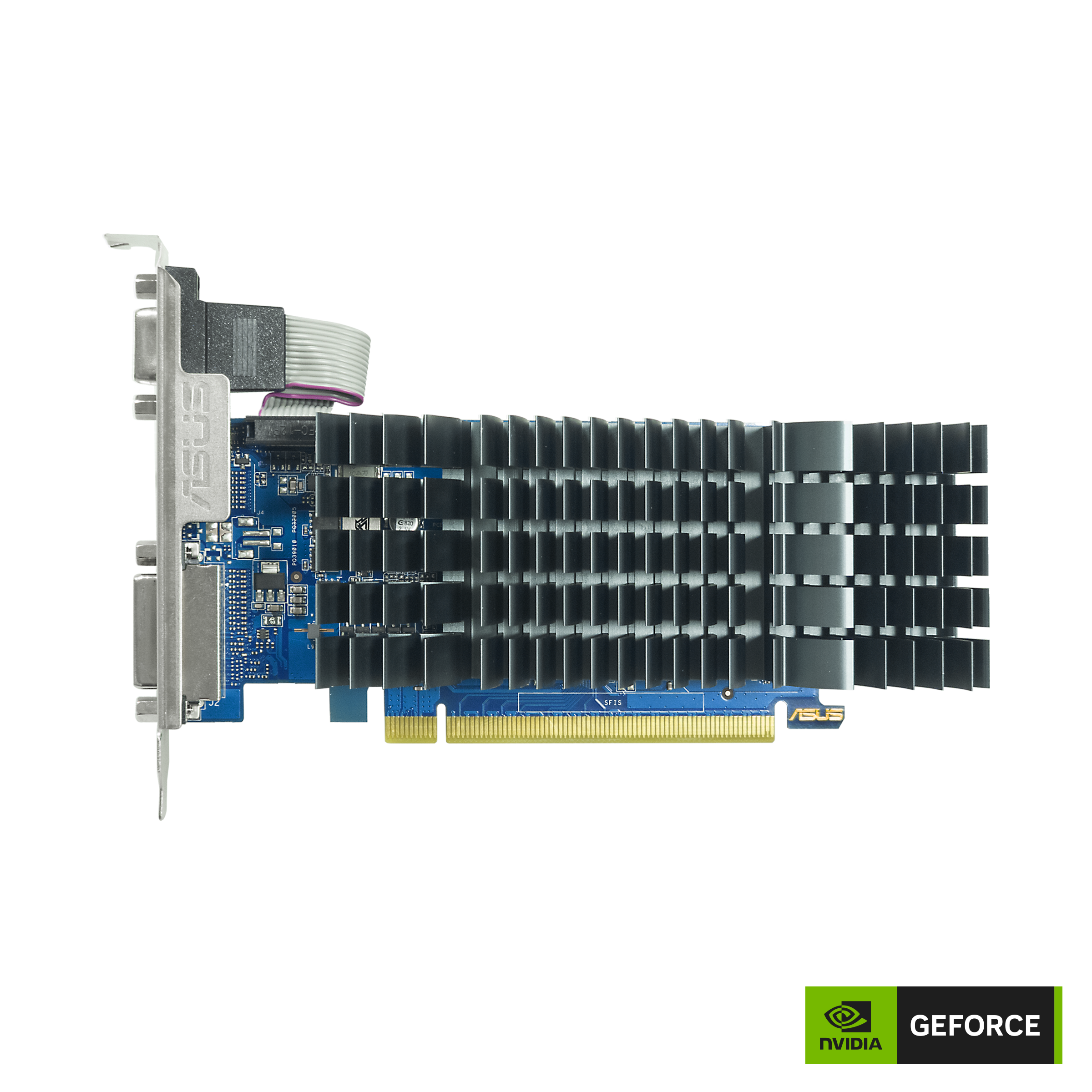 Eine Computer-Grafikkarte mit einer blauen Platine, silbernen Metallkomponenten und einem schwarzen Kühlkörper.