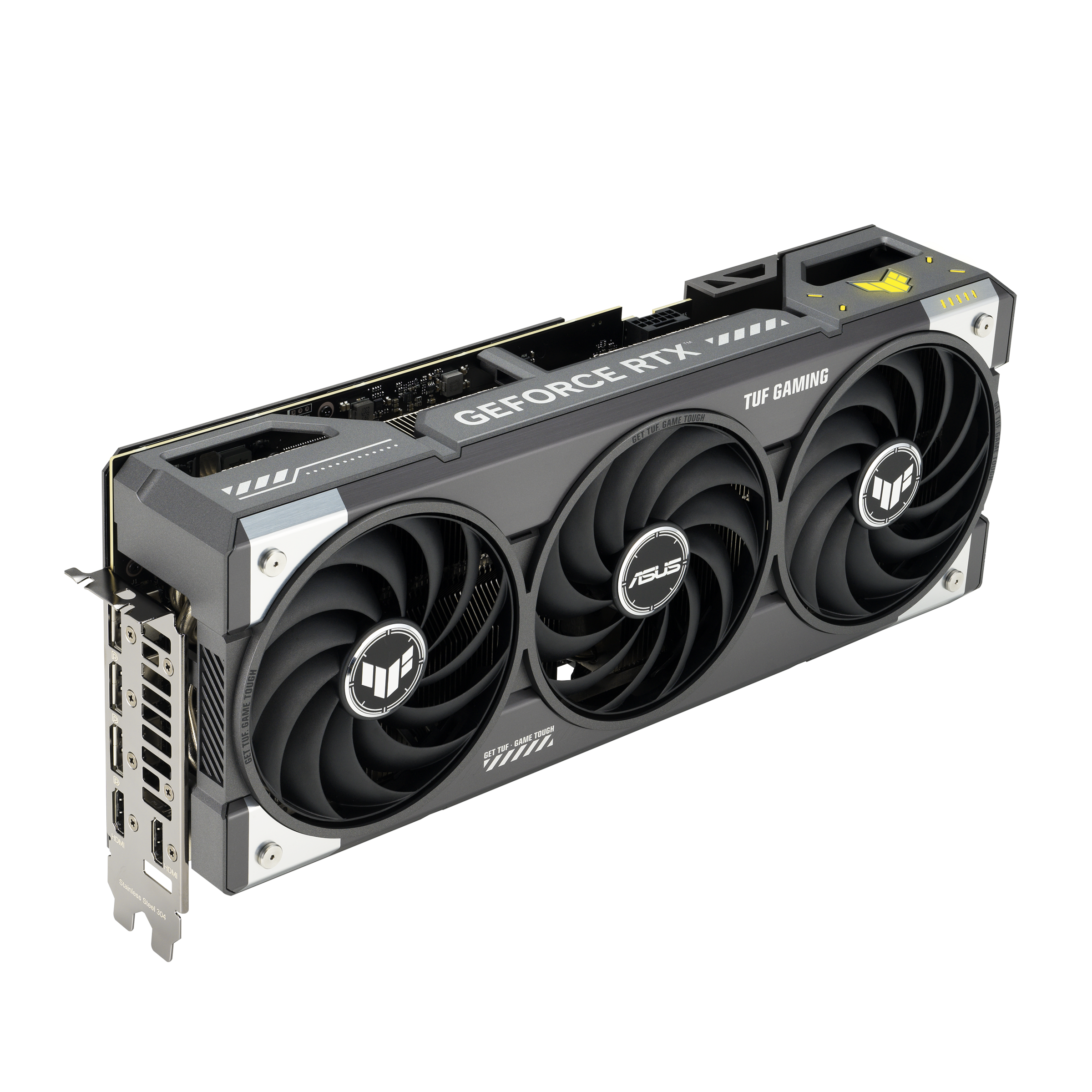 Eine schwarze und graue ASUS GeForce RTX-Grafikkarte mit drei Lüftern und den Wörtern 'TUF Gaming' und 'GeForce RTX'.