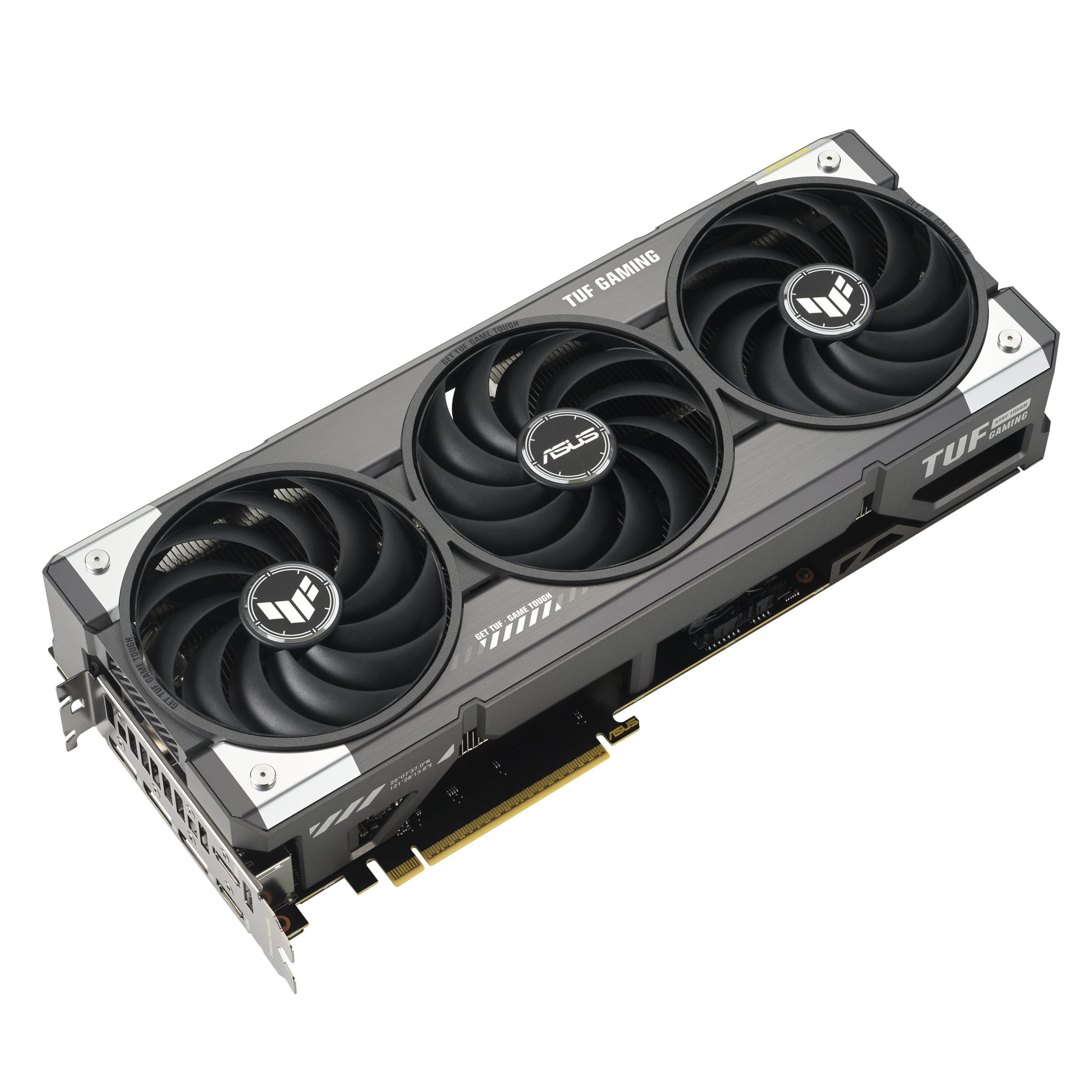 Eine graue und schwarze ASUS TUF Gaming Grafikkarte mit drei Lüftern auf weißem Hintergrund. Text enthält 'ASUS' und 'TUF'.