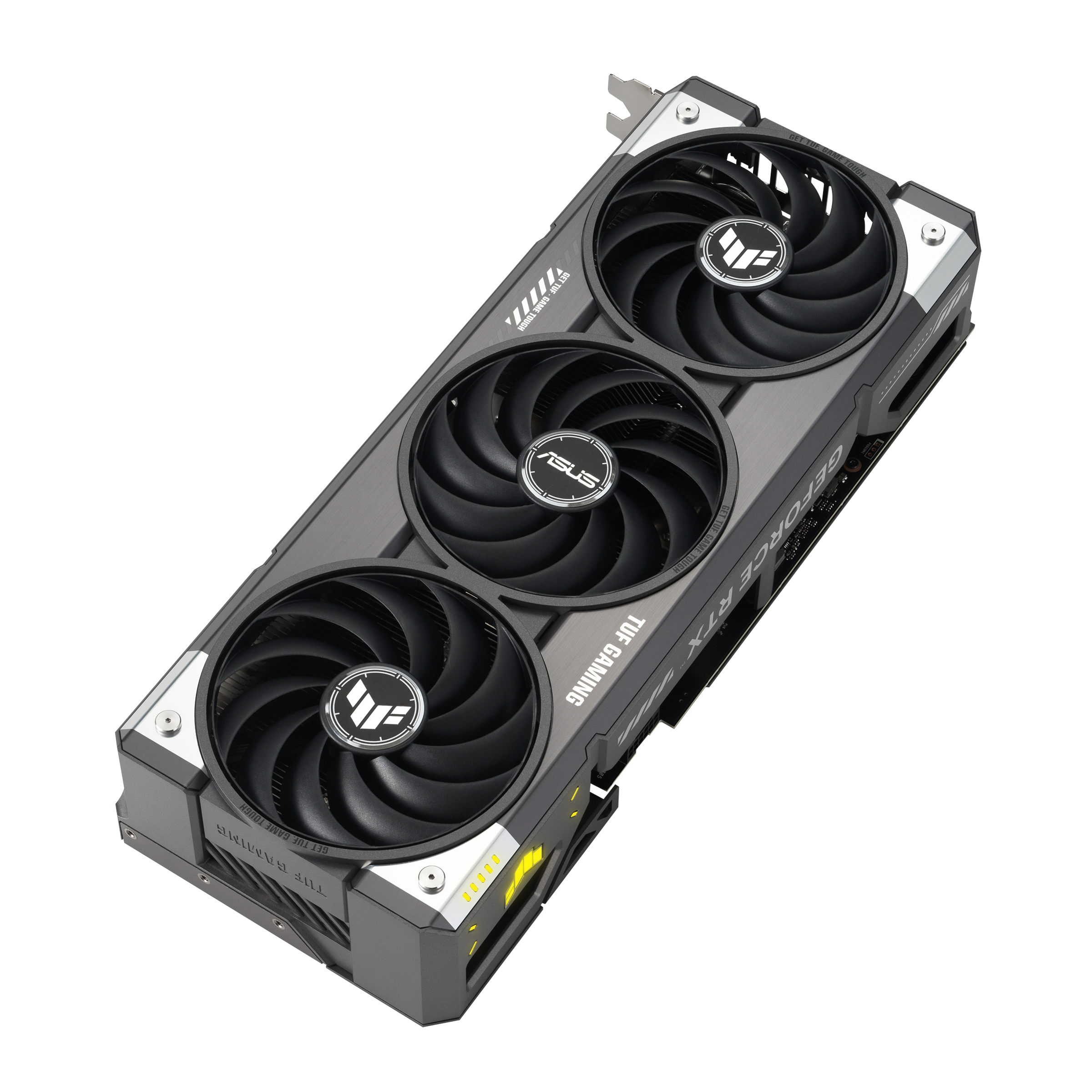 Eine grau-schwarze Grafikkarte mit drei Lüftern. Die Karte trägt die Aufschrift 'TUF GAMING', 'ASUS' und 'GEFORCE RTX'.