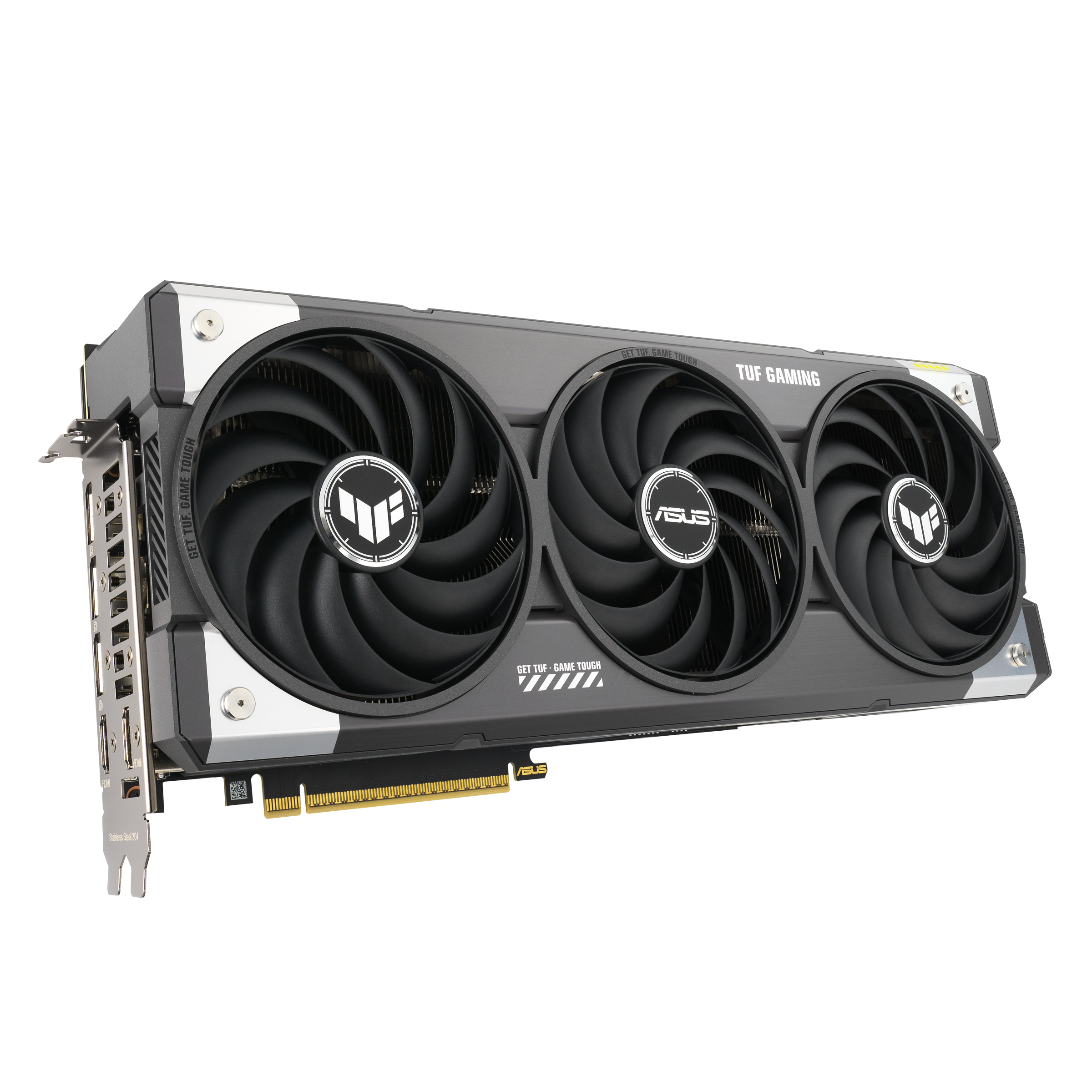 Grafikkarte mit drei Lüftern, grau-schwarzes Design, ASUS-Logo und Text 'TUF GAMING'.