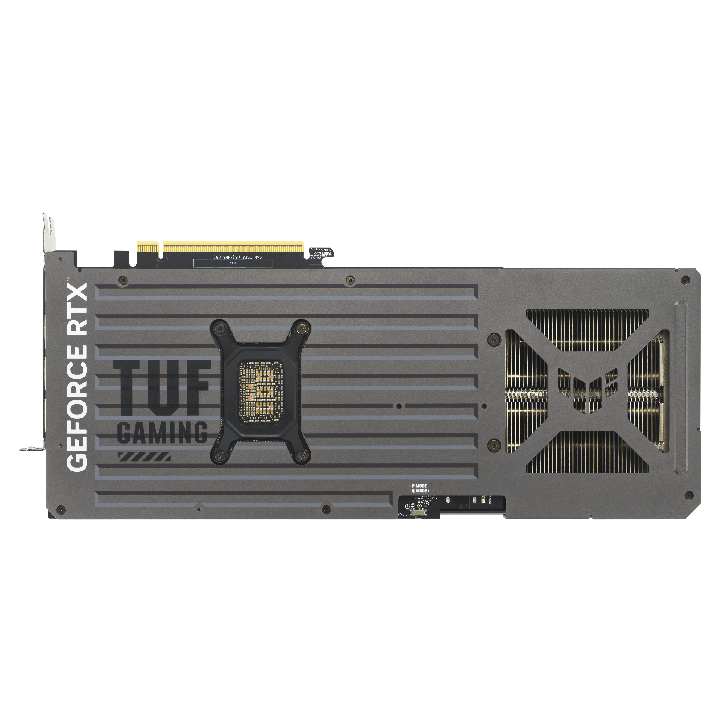 Eine grau-schwarze Grafikkarte mit den Worten 'GEFORCE RTX' und 'TUF GAMING'.
