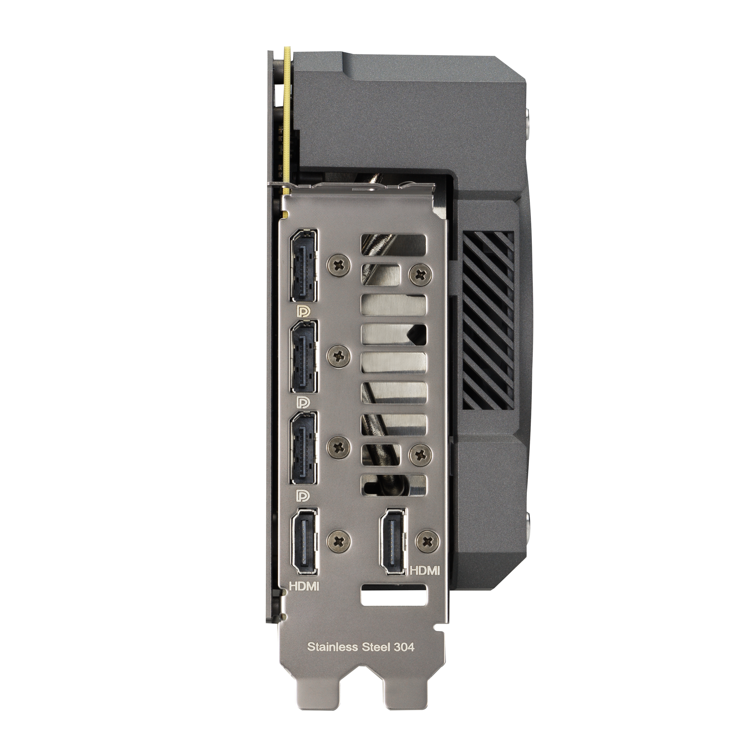 Seitenansicht einer Grafikkarte. Sie hat Anschlüsse, darunter HDMI und DisplayPort, und ein graues Metallgehäuse.