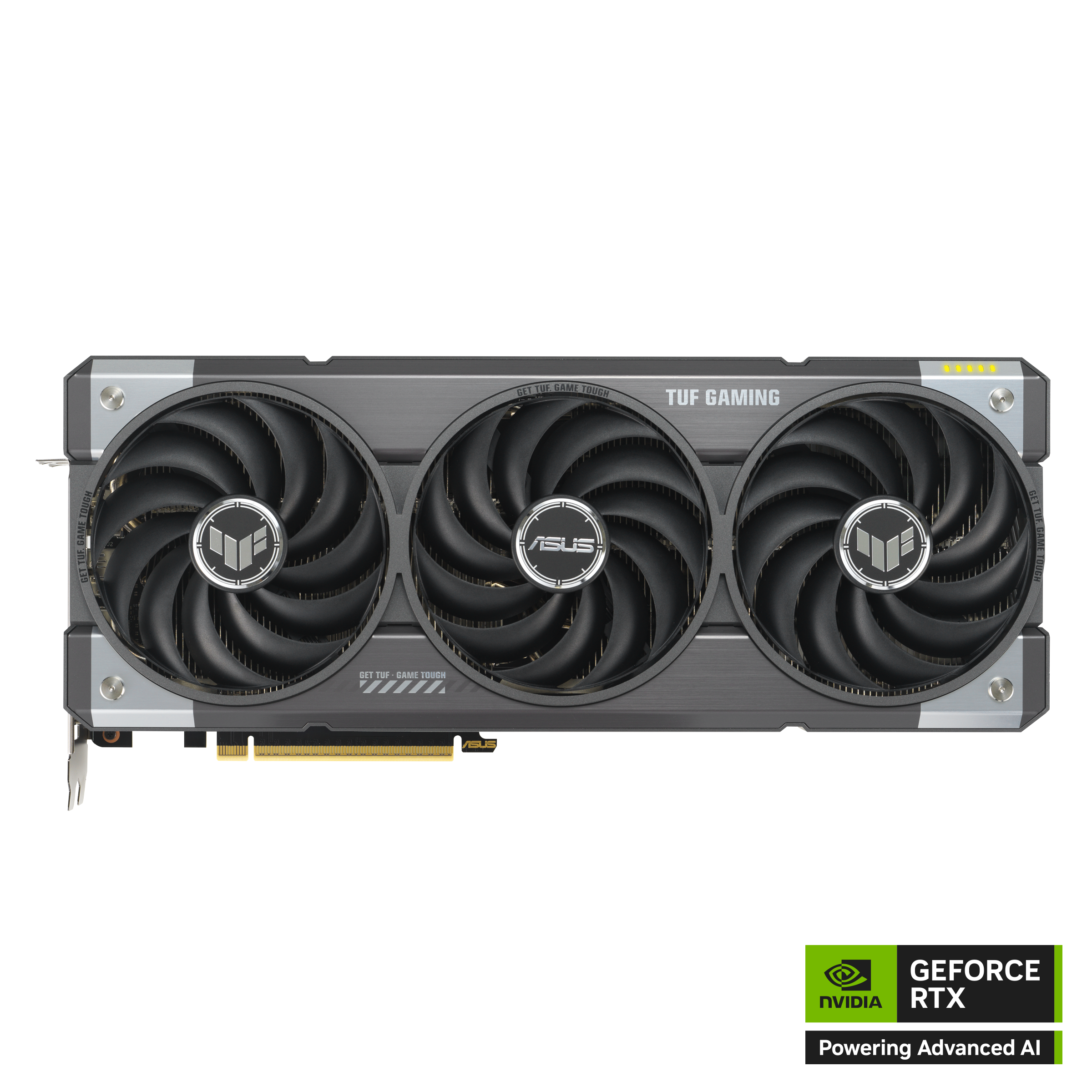 Grafikkarte mit drei Lüftern, ASUS-Logo und NVIDIA GeForce RTX-Logo. Es ist ein TUF Gaming Modell.