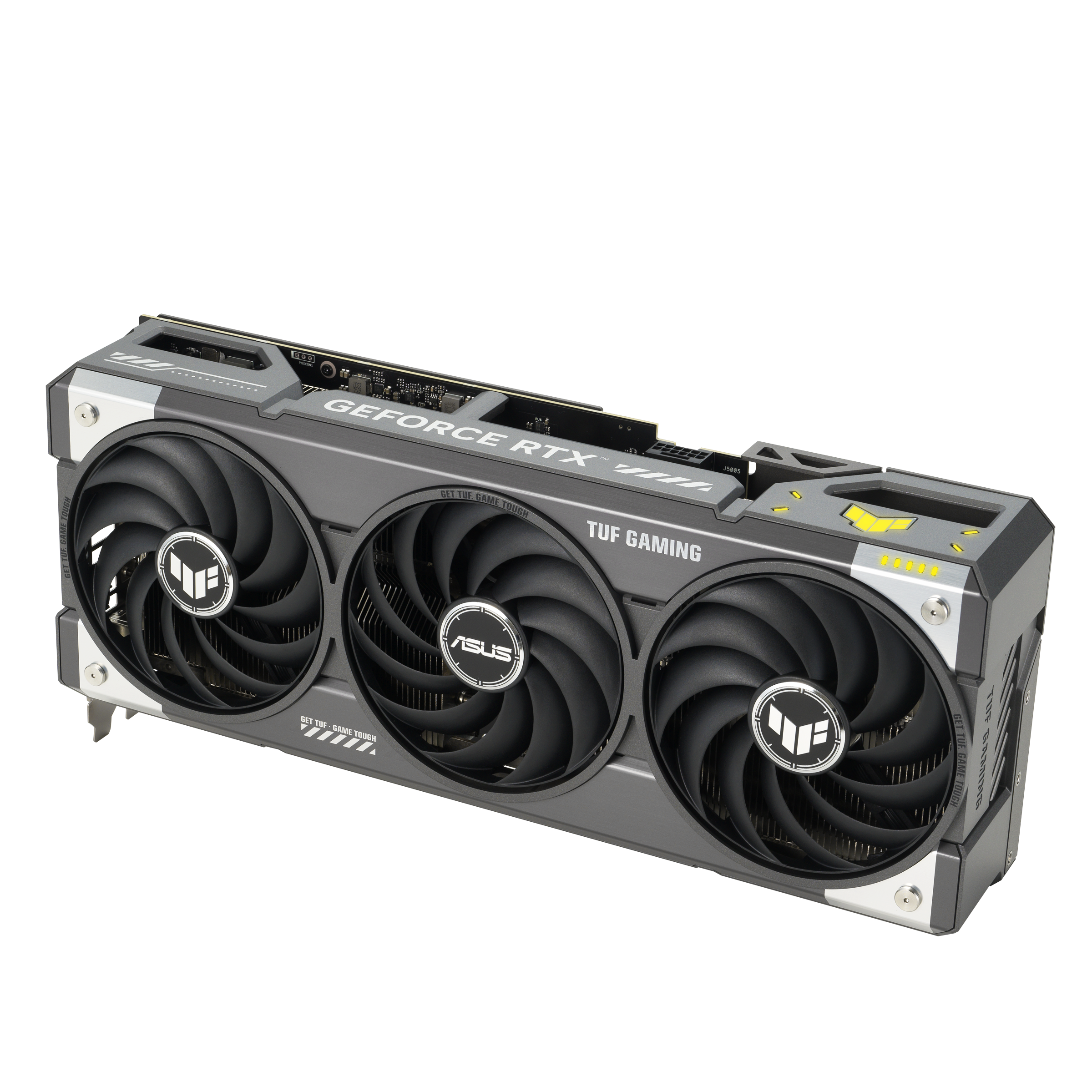 Eine graue und schwarze ASUS TUF Gaming GeForce RTX Grafikkarte mit drei Lüftern auf weißem Hintergrund.