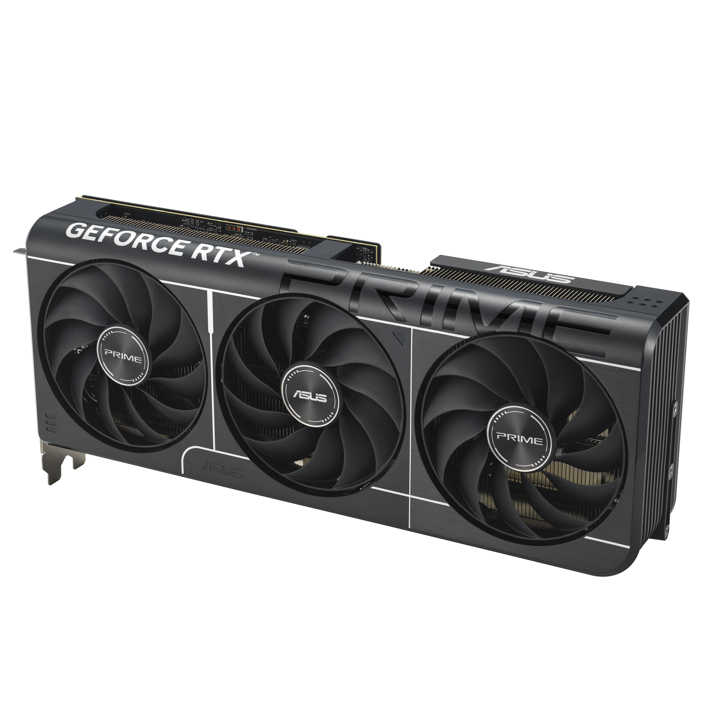 Eine schwarze und silberne GeForce RTX-Grafikkarte mit drei Lüftern, dem ASUS-Logo und PRIME auf weißem Hintergrund.