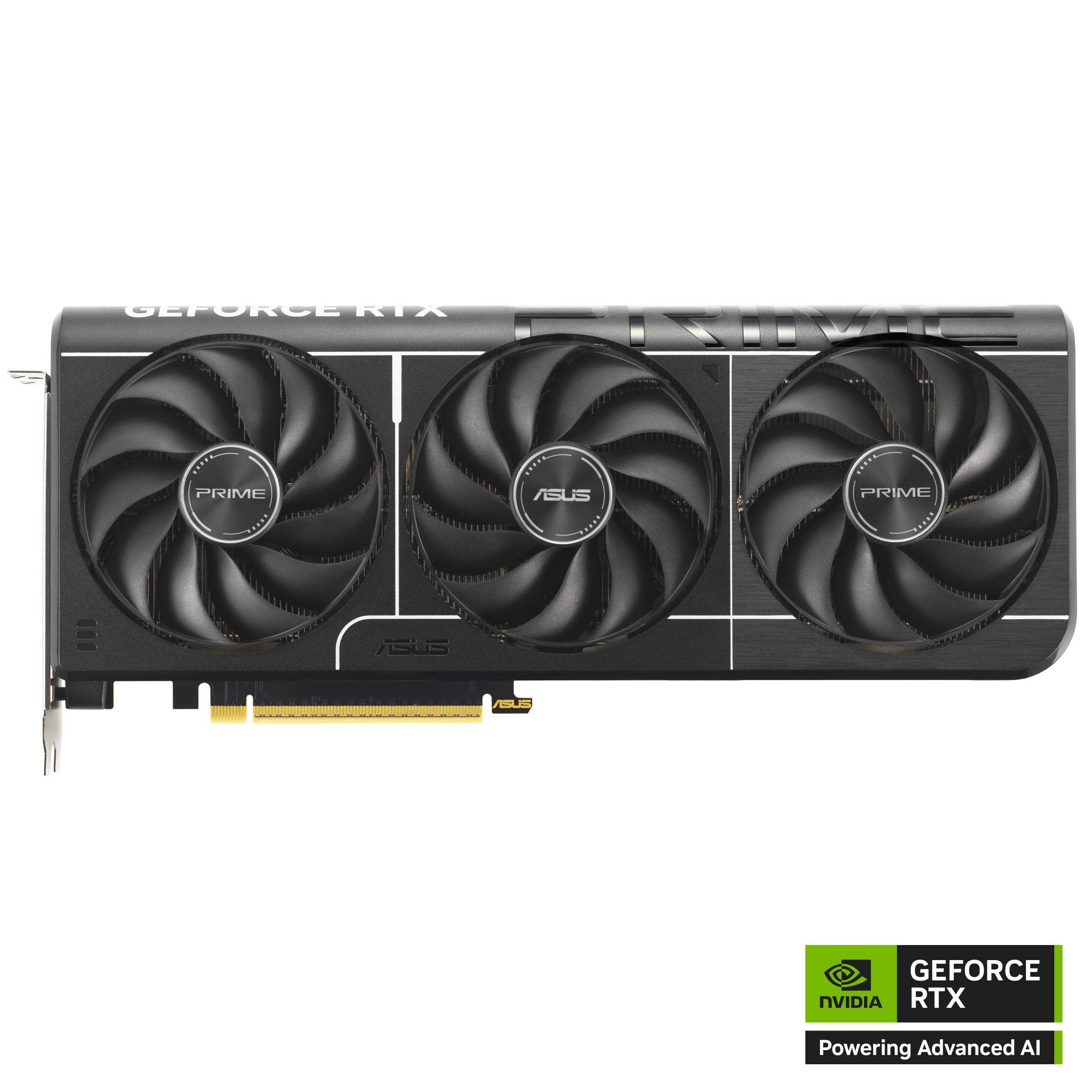 Eine schwarze und silberne Grafikkarte mit drei Lüftern. Es trägt die Aufschriften PRIME, ASUS und GeForce RTX.