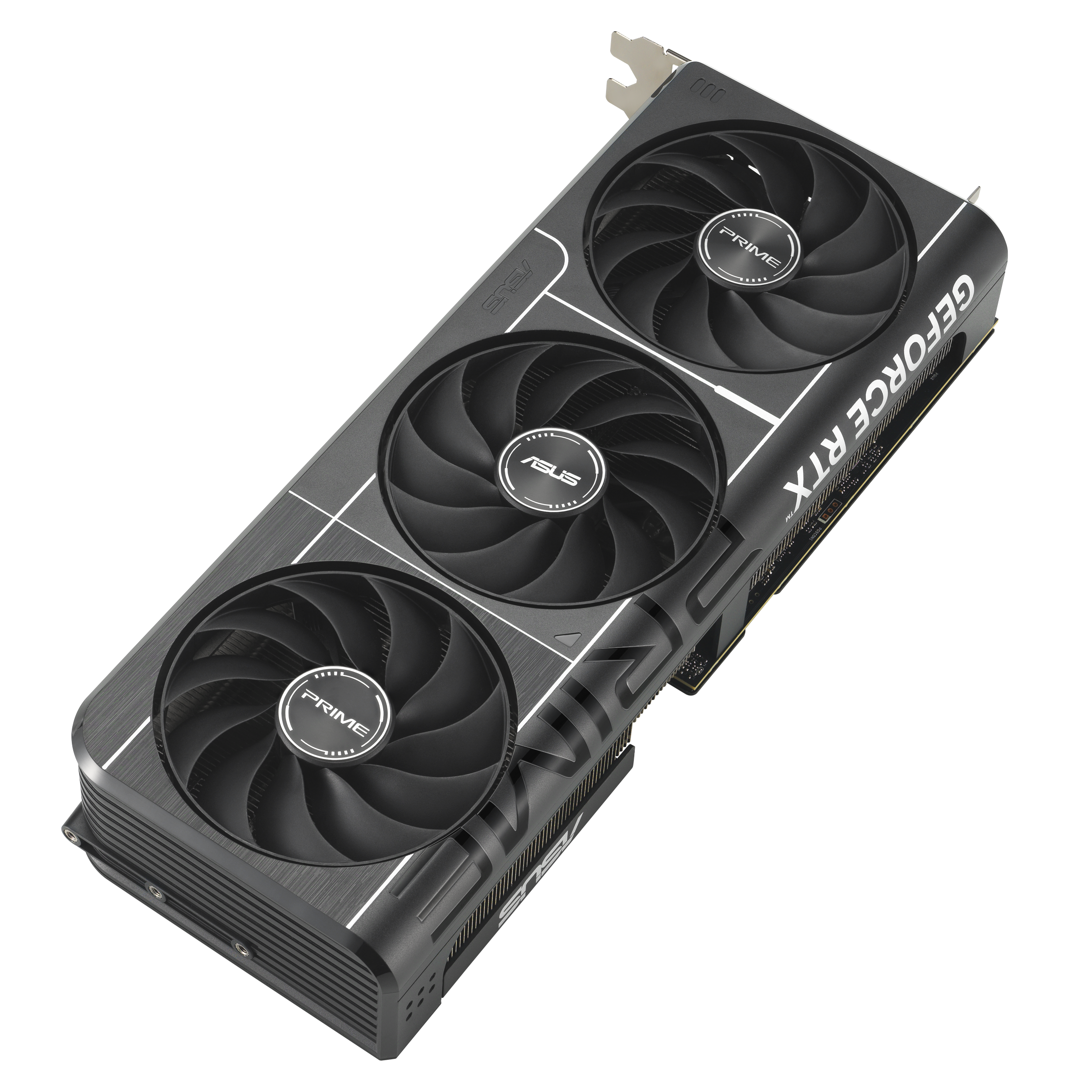 Schwarze und silberne Grafikkarte mit drei Lüftern. Sie trägt die Aufschrift 'GEFORCE RTX' und 'ASUS'. Weißer Hintergrund.
