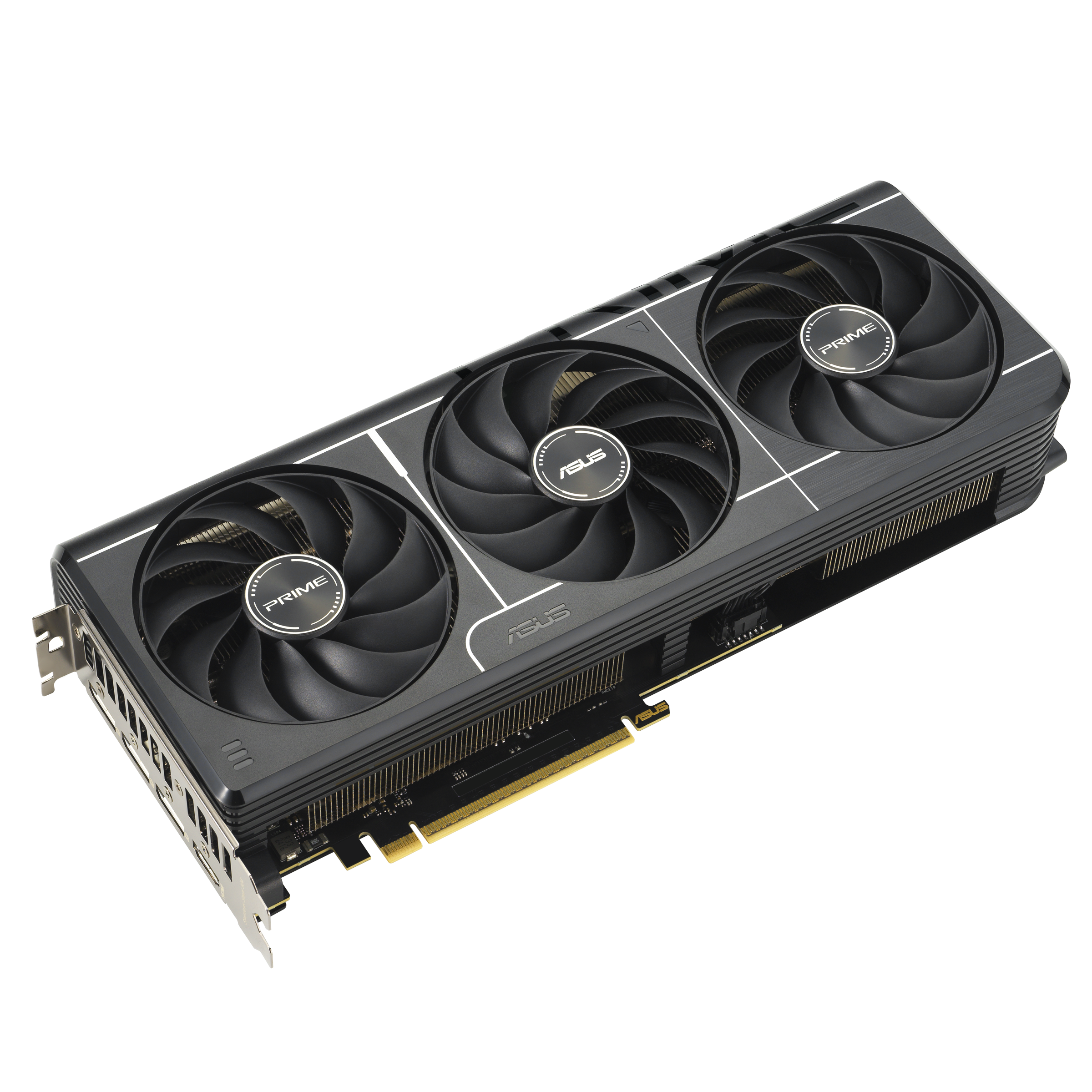 Eine schwarze ASUS PRIME Grafikkarte mit drei Lüftern. Der Hintergrund ist weiß.