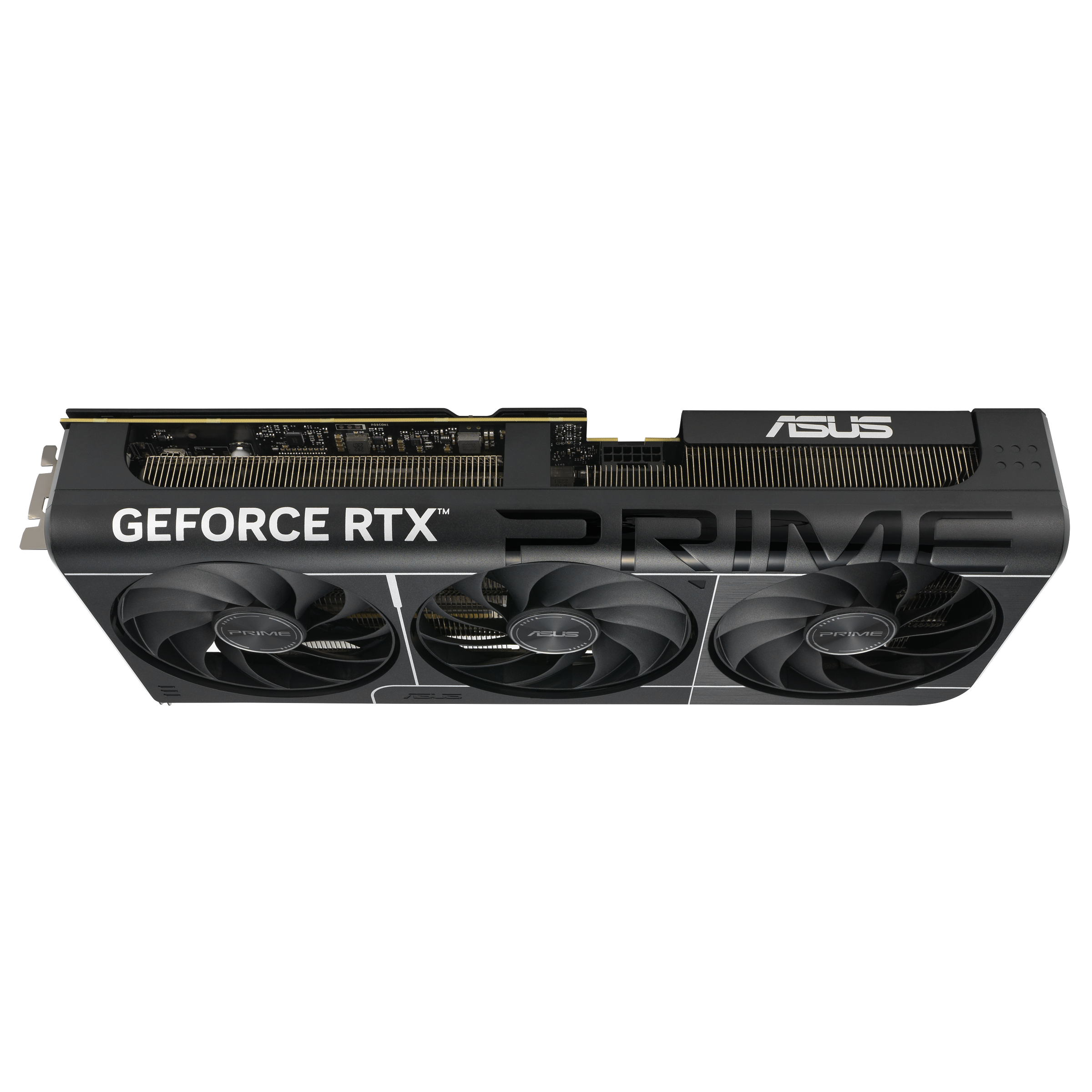 Eine schwarze ASUS GeForce RTX PRIME Grafikkarte mit drei Lüftern und dem ASUS-Logo.