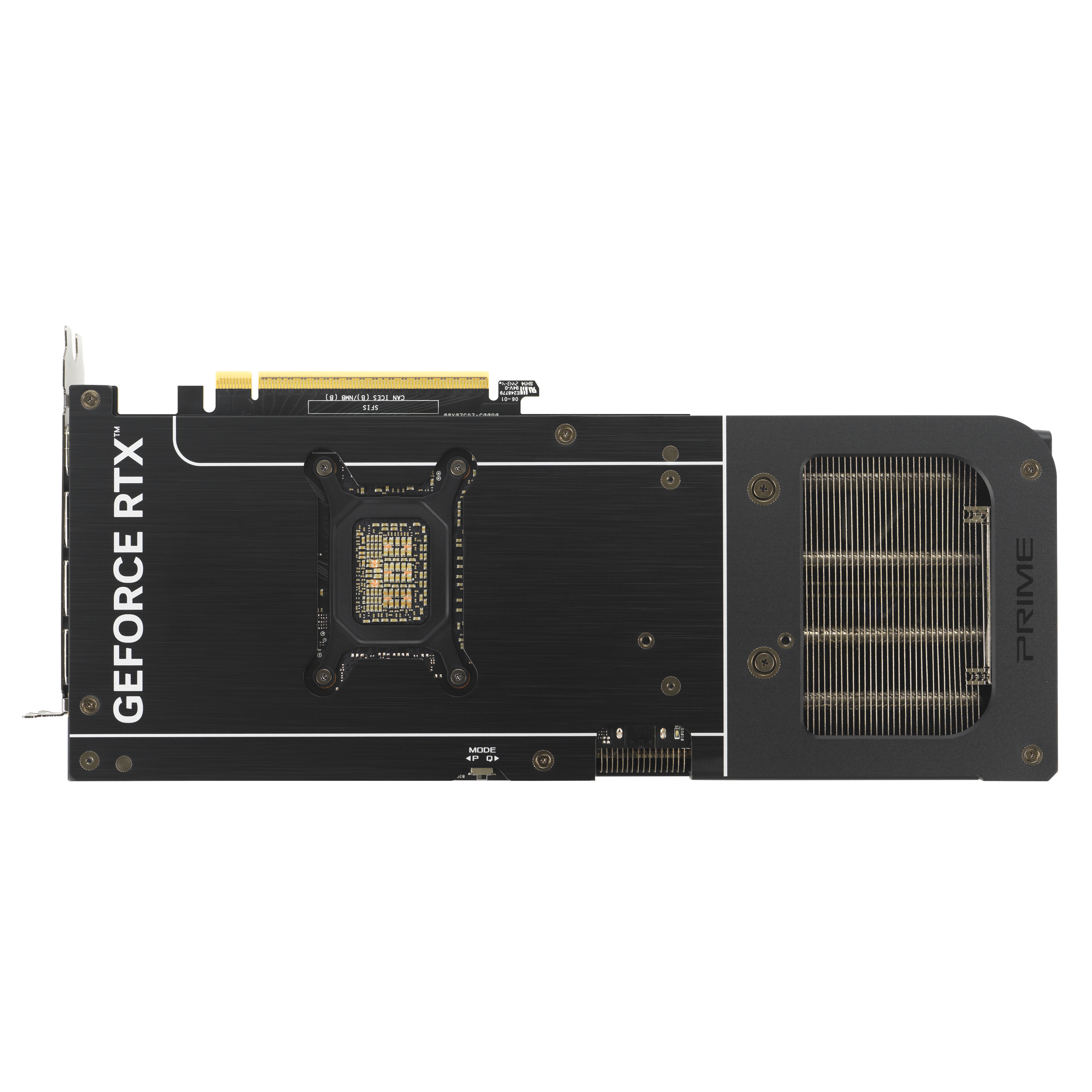 Eine schwarze und silberne Grafikkarte, die GeForce RTX, auf weißem Hintergrund. Sie hat Kühlrippen und das Wort PRIME.