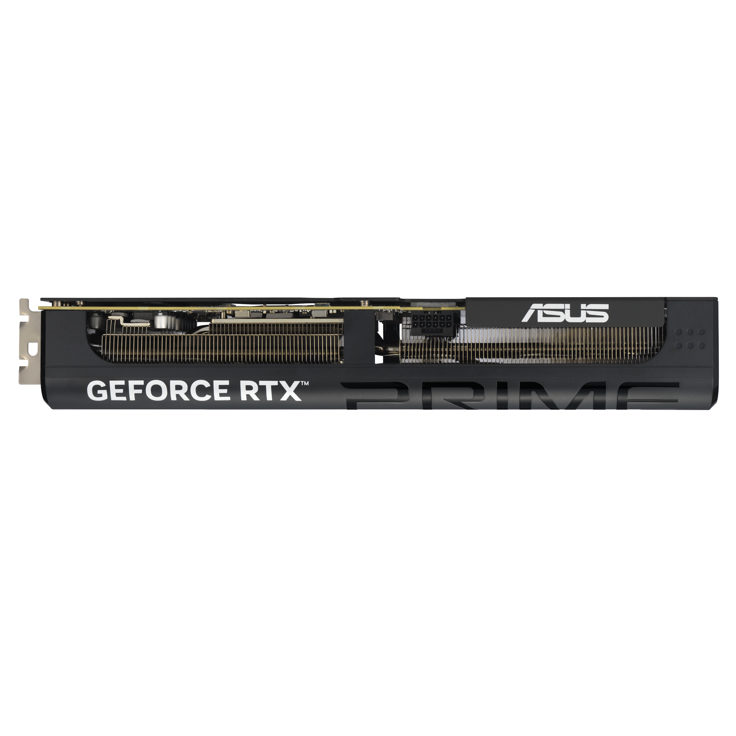 Eine schwarze ASUS GeForce RTX PRIME Grafikkarte. Weißer Text, silberne Kühlrippen und ein schwarzes Gehäuse sind sichtbar.