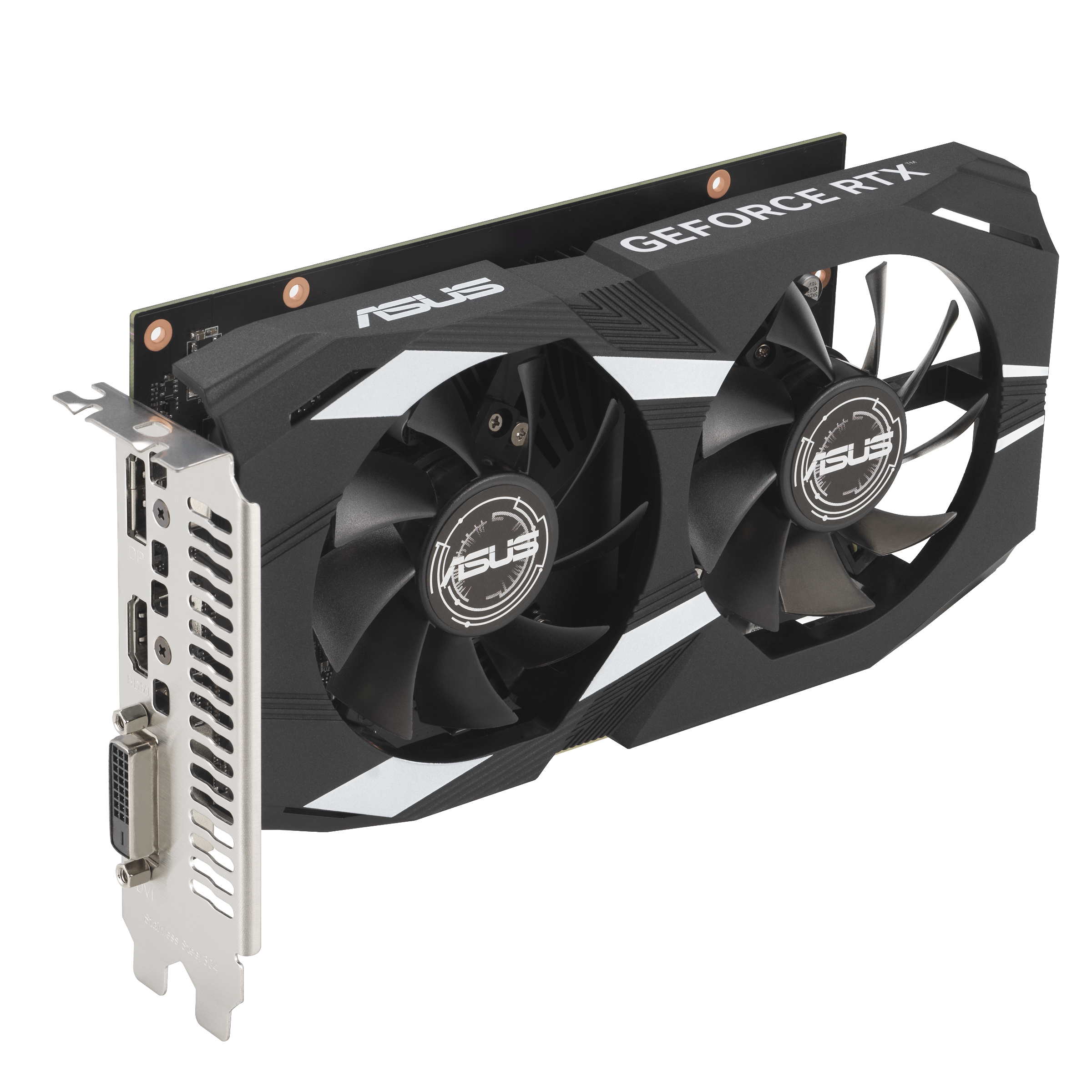 Eine schwarze und silberne Asus GeForce RTX Grafikkarte mit zwei Lüftern. Der Hintergrund ist weiß.