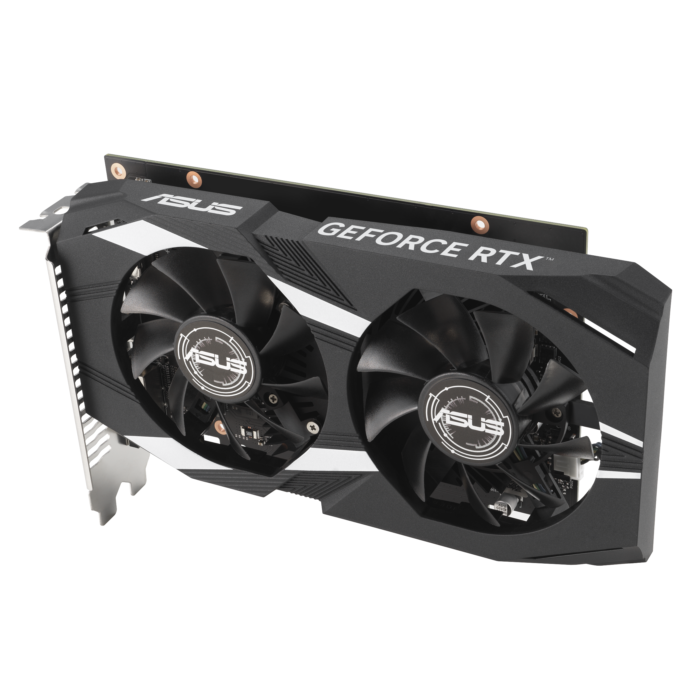 Eine schwarz-silberne ASUS GeForce RTX-Grafikkarte mit zwei Lüftern auf weißem Hintergrund.