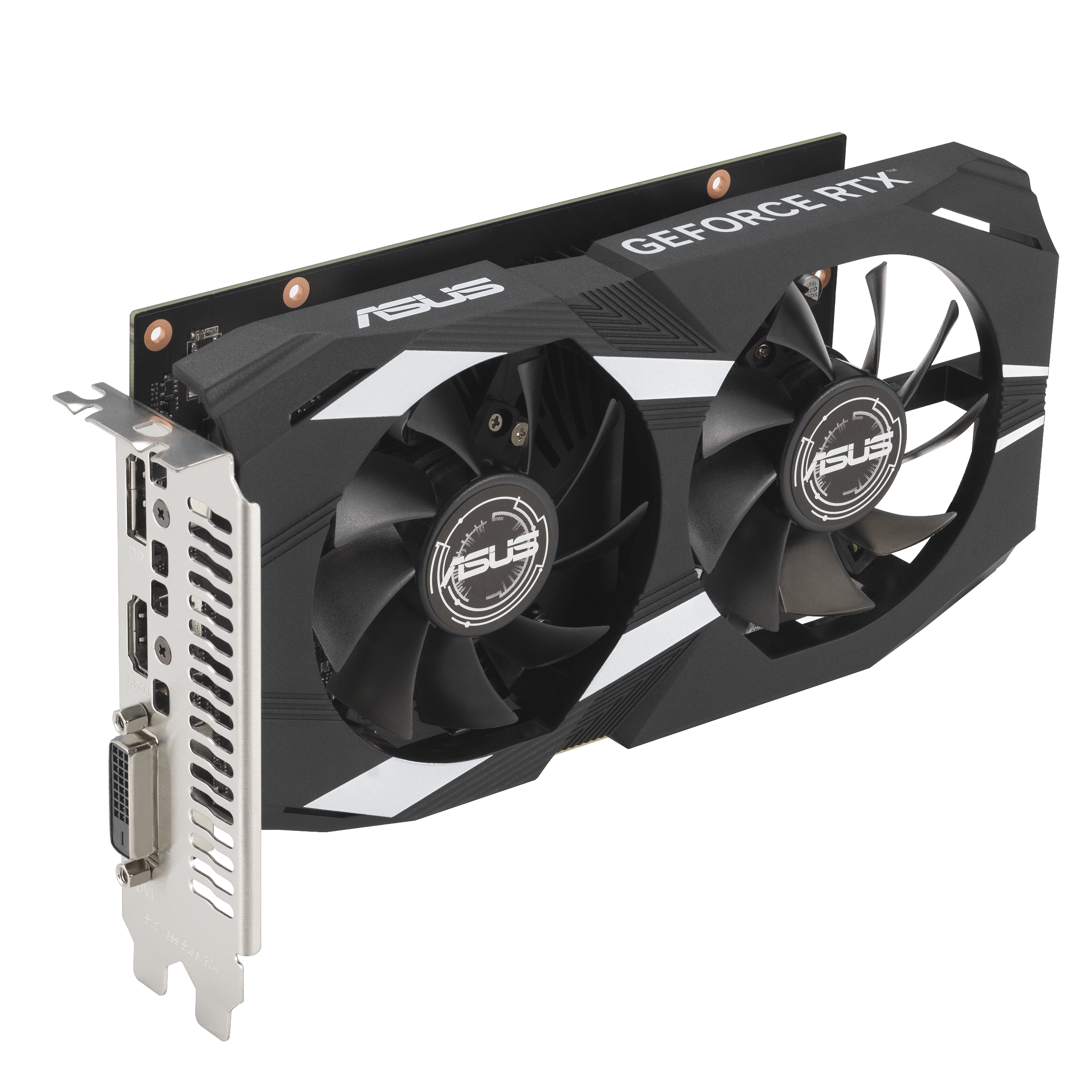 Eine schwarz-weiße ASUS GeForce RTX Grafikkarte. Sie hat zwei Lüfter und verschiedene Anschlüsse.