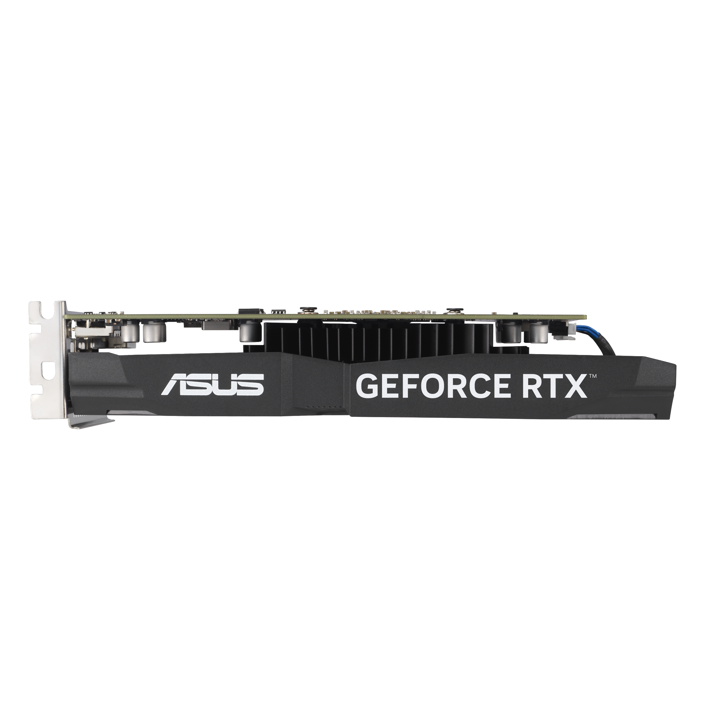 Eine ASUS GeForce RTX Grafikkarte. Schwarz und grau mit den Logos ASUS und GeForce RTX.