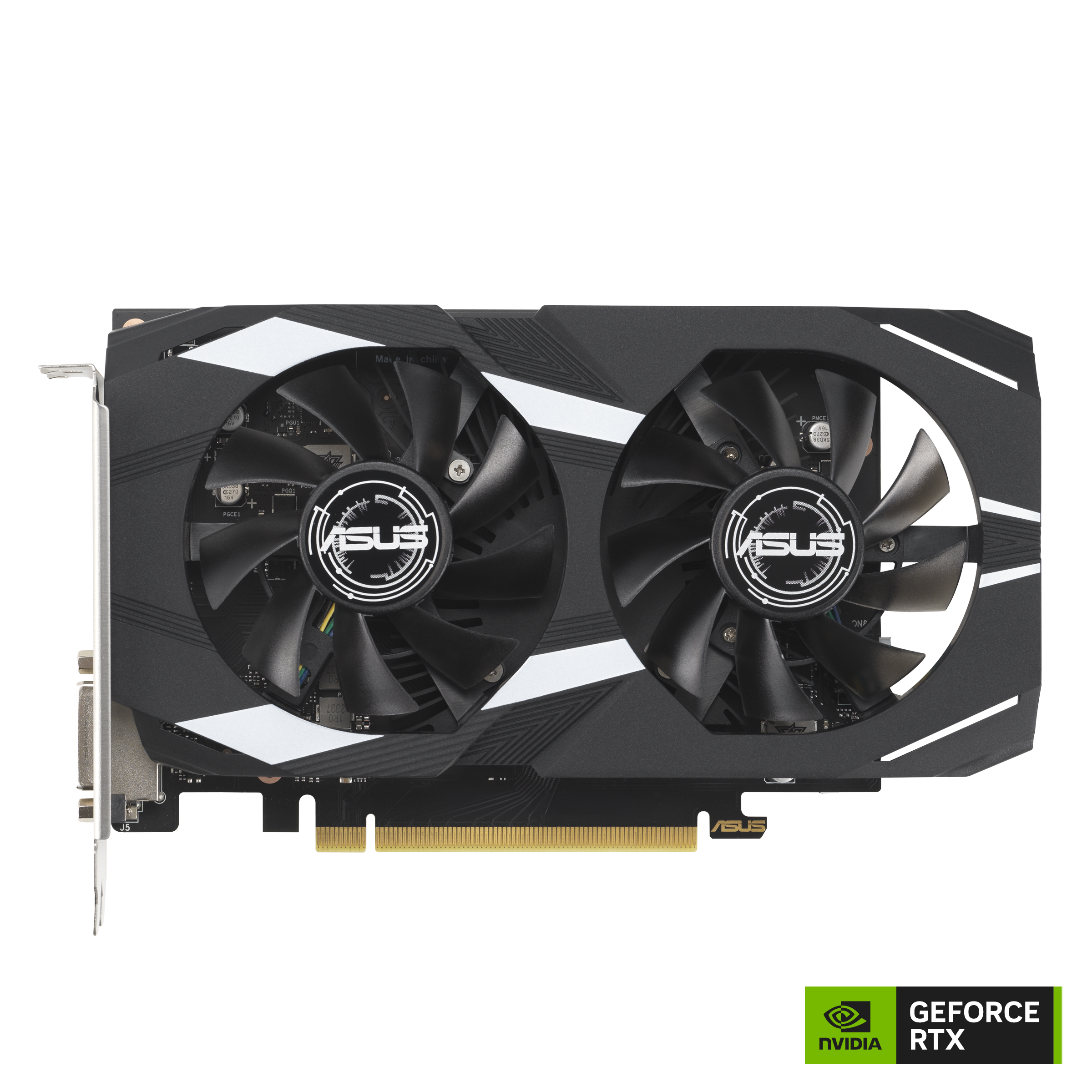 Grafikkarte mit zwei Lüftern, schwarz-weißes Design, ASUS-Logo und NVIDIA GeForce RTX-Label auf weißem Hintergrund.