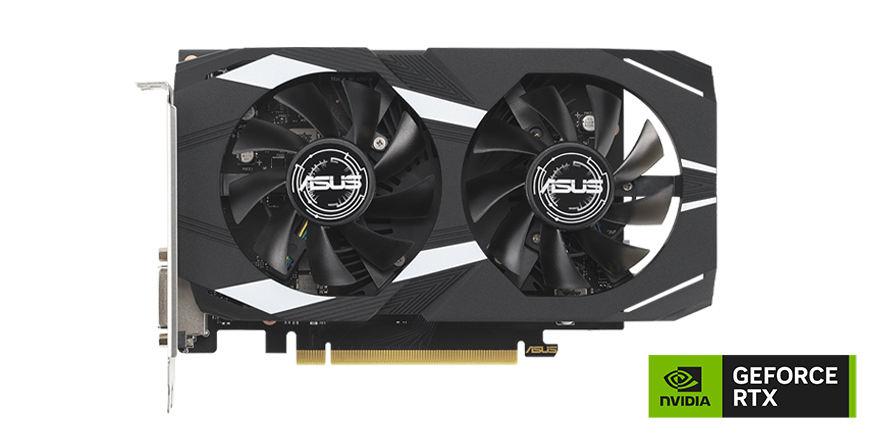 Eine schwarz-weiße ASUS-Grafikkarte mit zwei Lüftern. Das NVIDIA GeForce RTX-Logo befindet sich unten rechts.