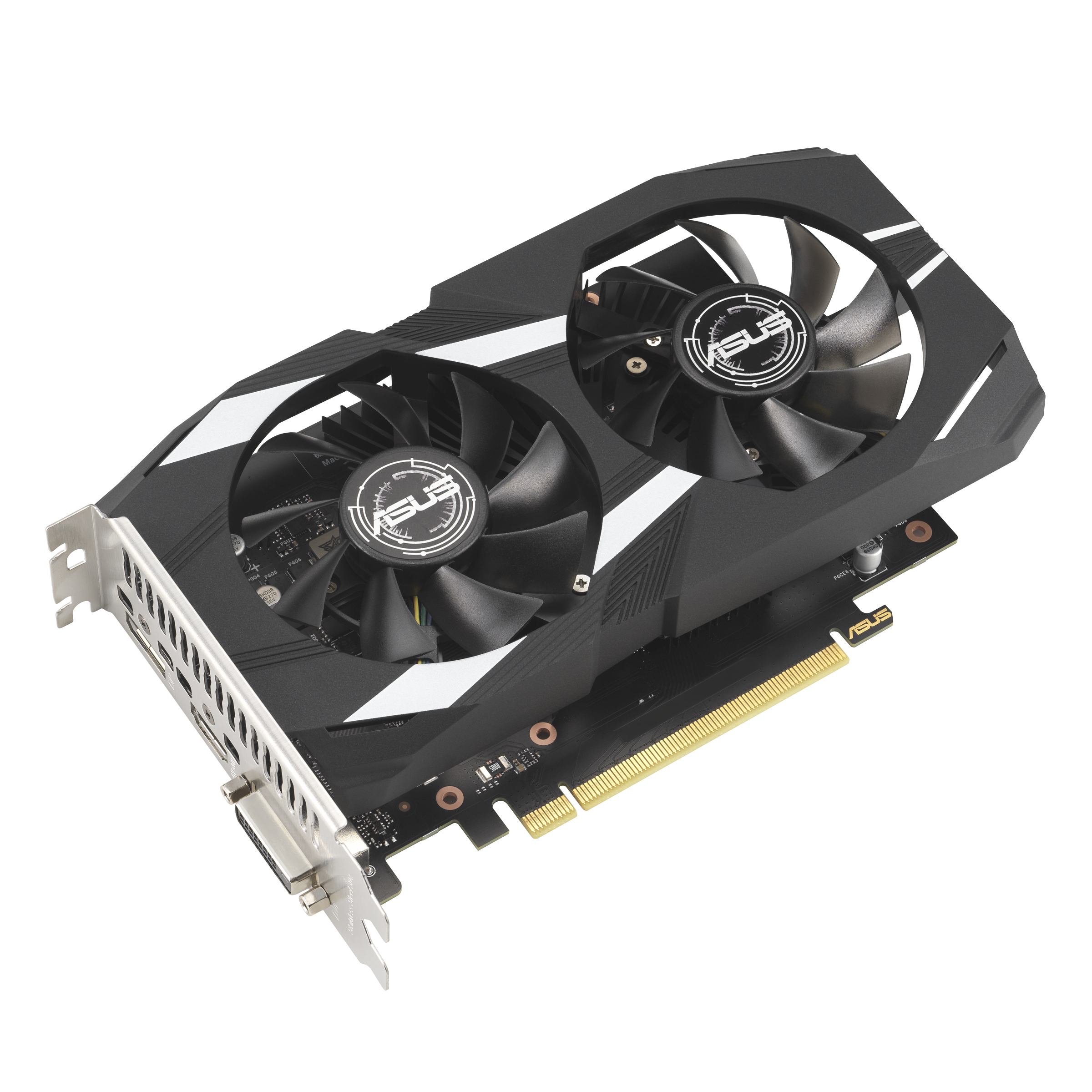 Eine schwarze und silberne ASUS-Grafikkarte mit zwei Lüftern auf weißem Hintergrund.