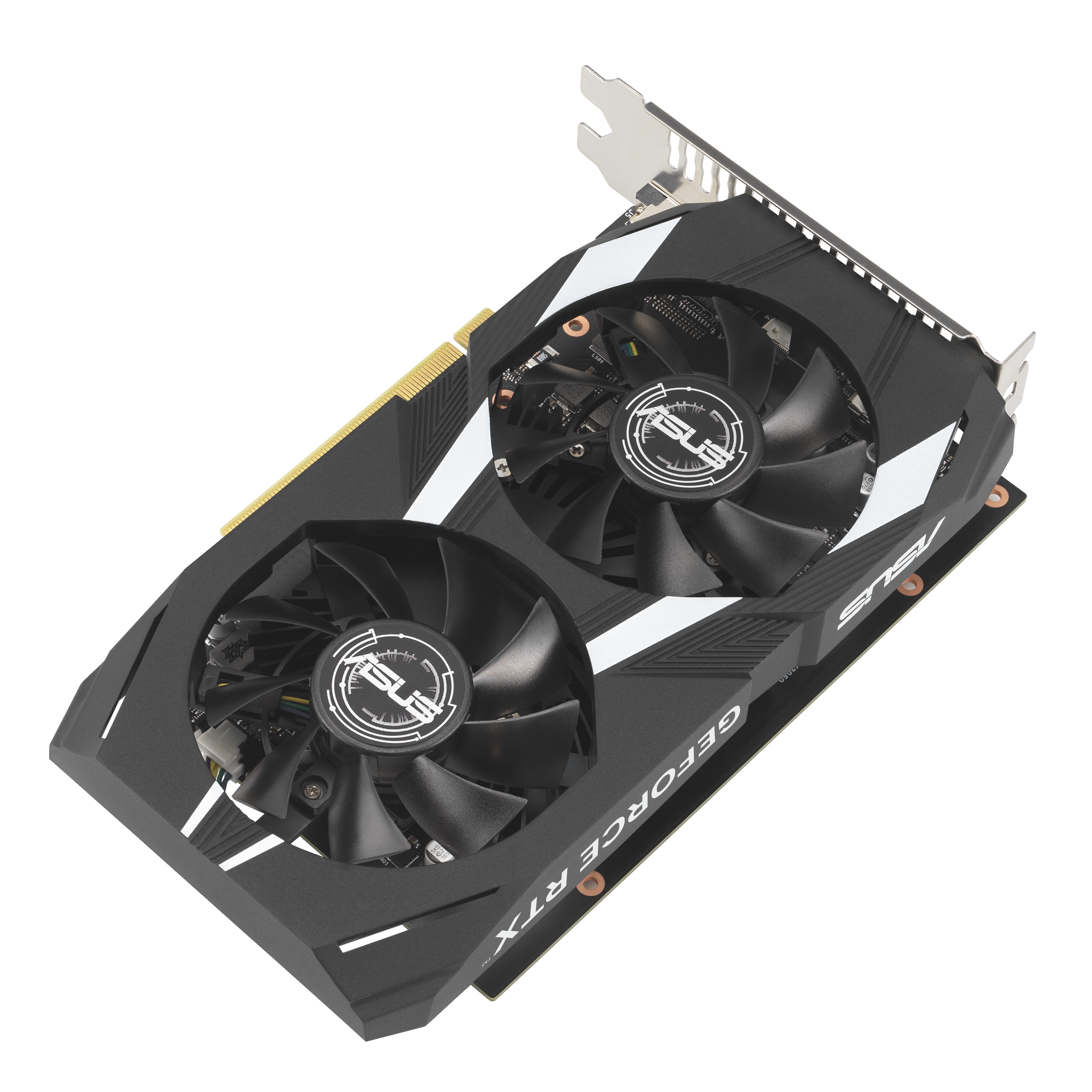 Eine schwarze und silberne ASUS GeForce RTX Grafikkarte mit zwei Lüftern auf weißer Oberfläche.