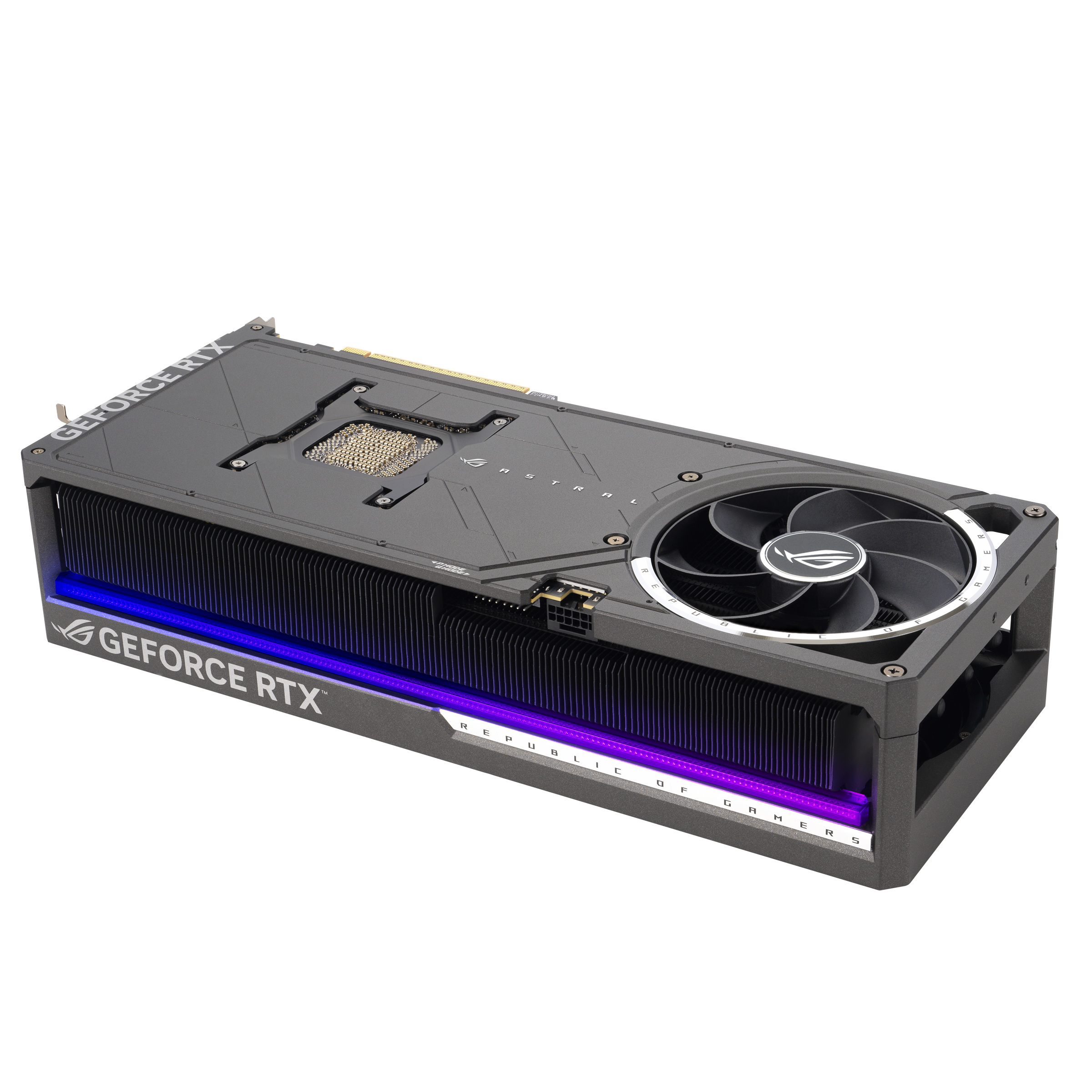 Eine schwarze und graue Grafikkarte mit einem Lüfter. Sie trägt die Aufschrift 'GEFORCE RTX' und 'REPUBLIC OF GAMERS'.