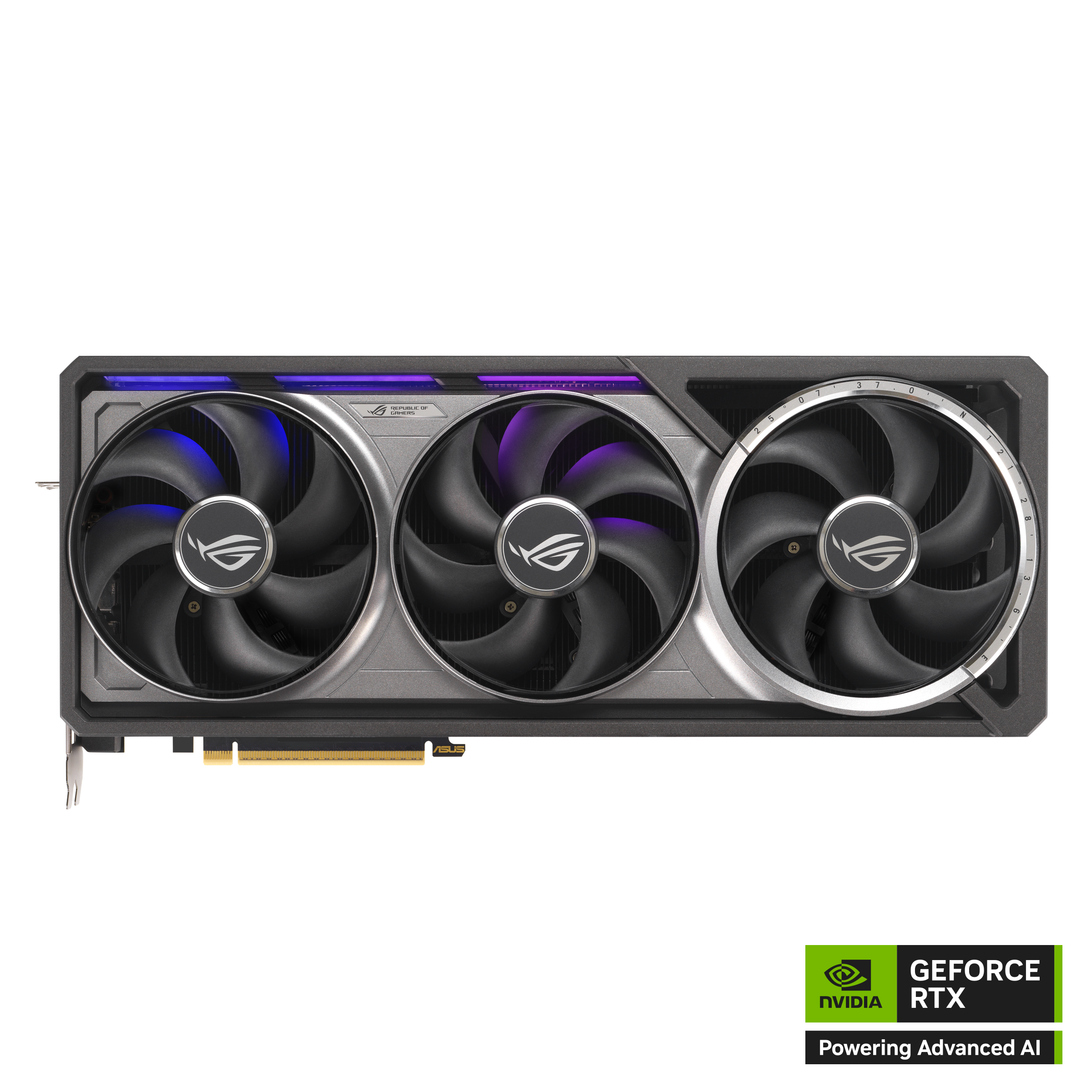 Grafikkarte mit drei Lüftern. Mit ROG-Logo und GeForce RTX-Label.