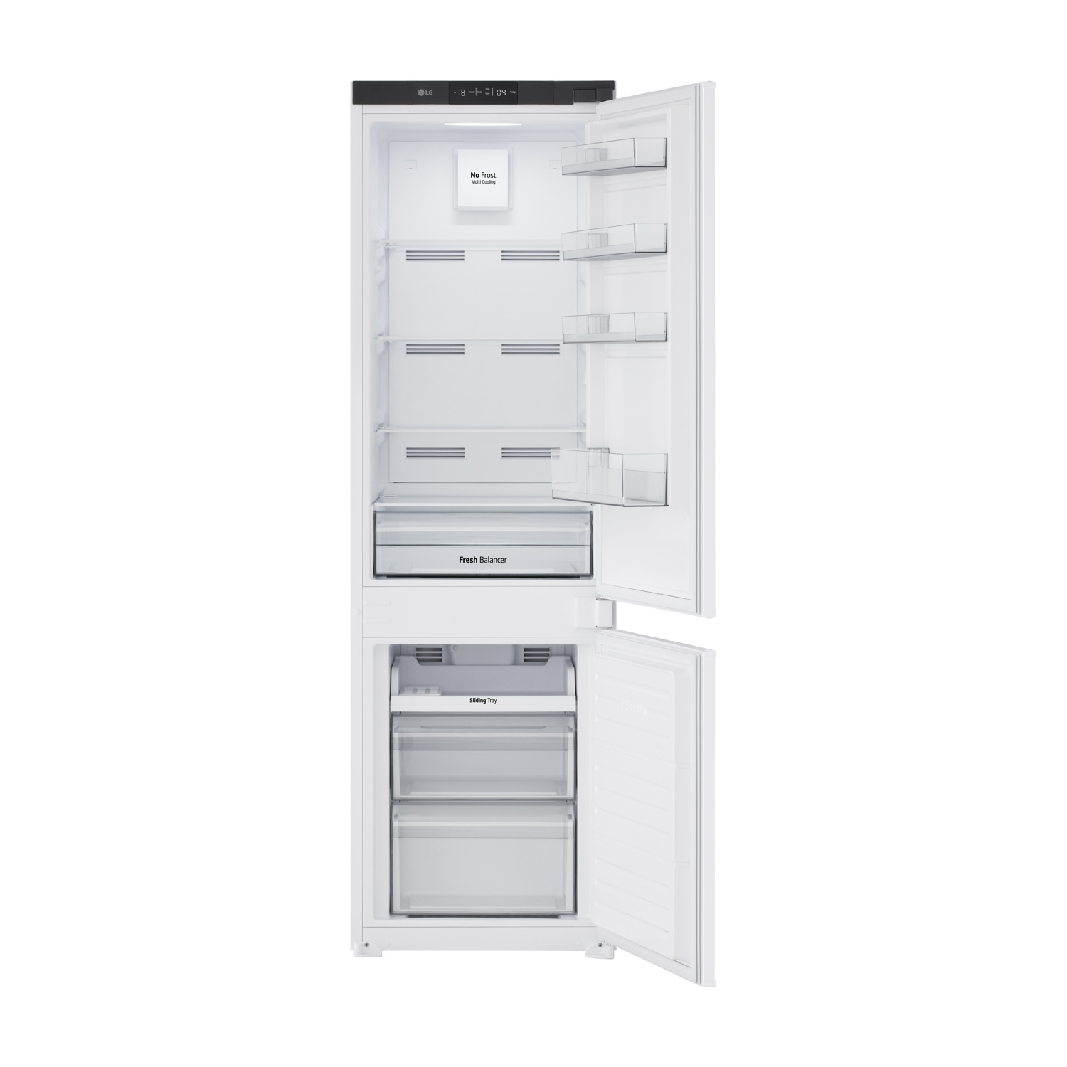 Un frigorifero bianco è aperto, rivelando ripiani, cassetti e un display digitale. La porta superiore è aperta e anche il cassetto inferiore.