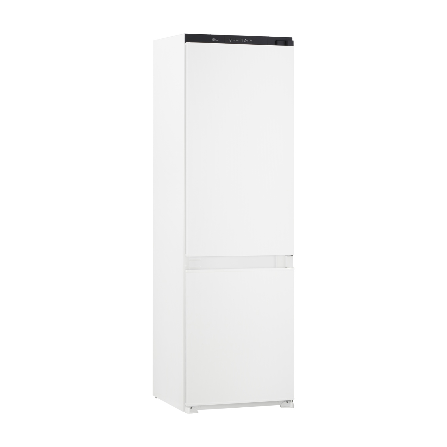 Un frigorifero LG bianco su sfondo bianco. Ha una parte superiore nera e un display digitale.