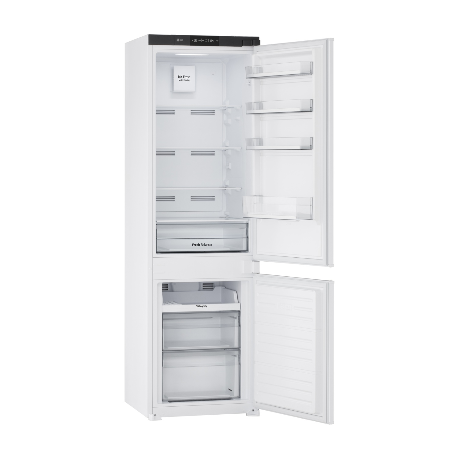 Frigorifero LG bianco con porte aperte. L'interno mostra ripiani, cassetti e un'etichetta 'No Frost'. Porta superiore con display digitale.