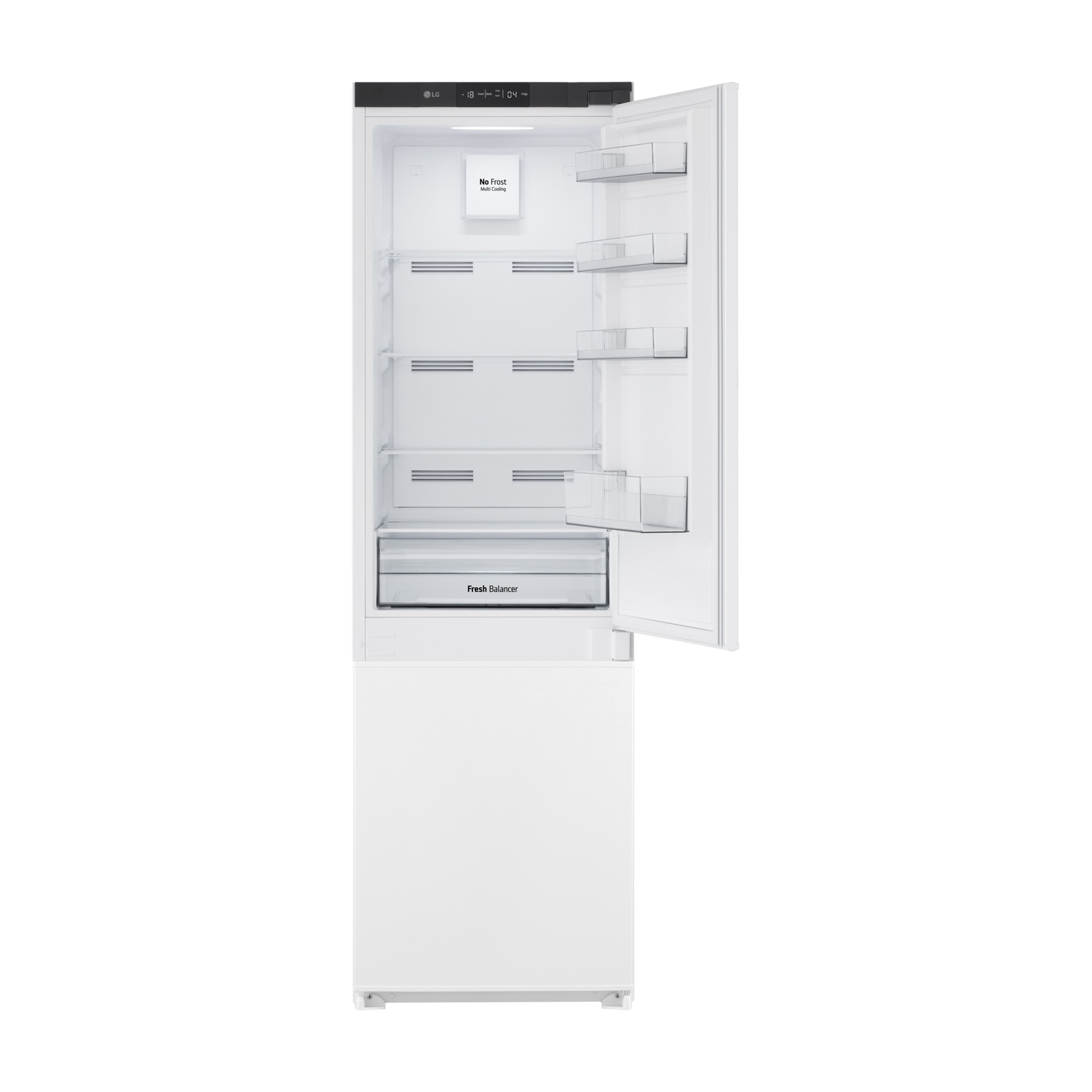 Frigorifero LG bianco con porta aperta. Ripiani e cassetti interni visibili. Il pannello superiore mostra la temperatura.