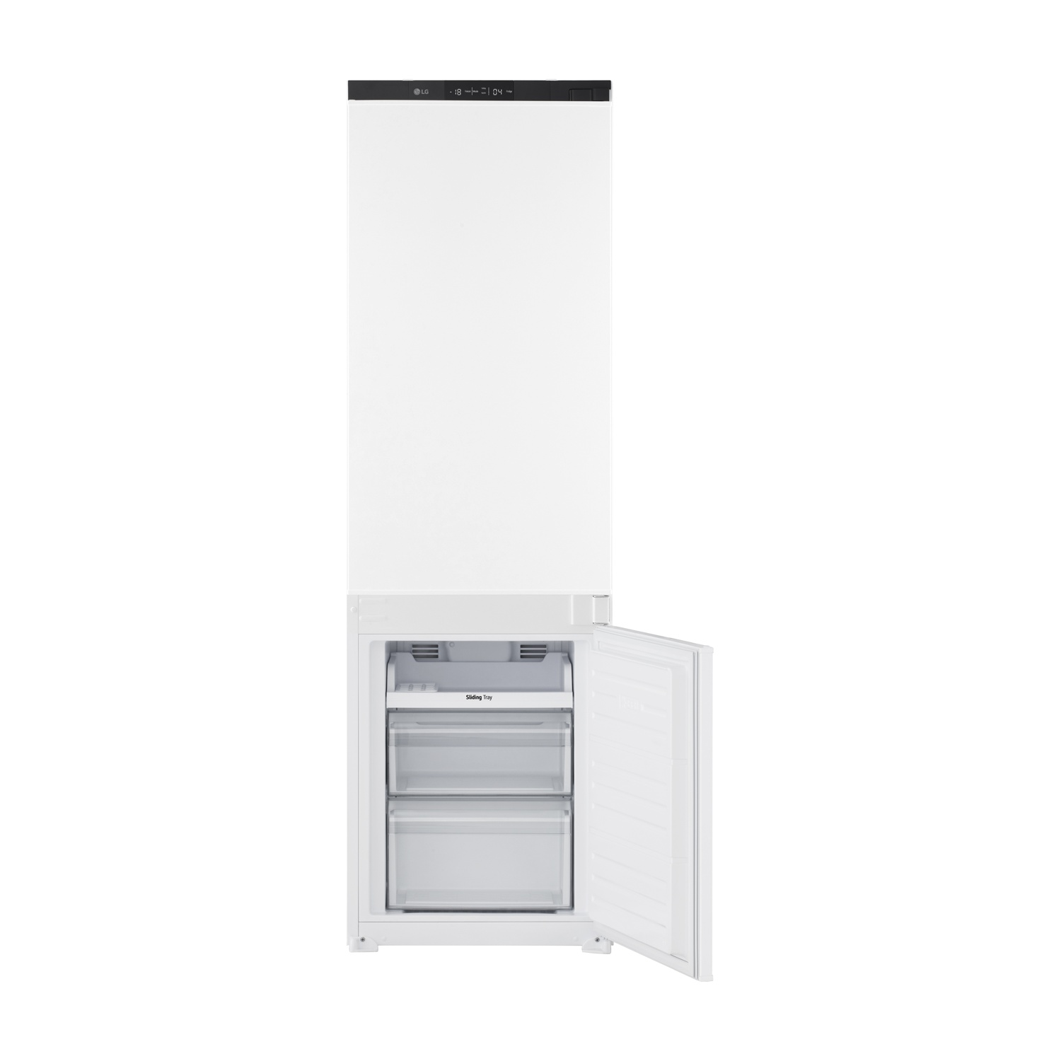 Frigorifero LG bianco con cassetto congelatore aperto. Visualizza la temperatura digitale. Due cassetti visibili con un vassoio scorrevole.