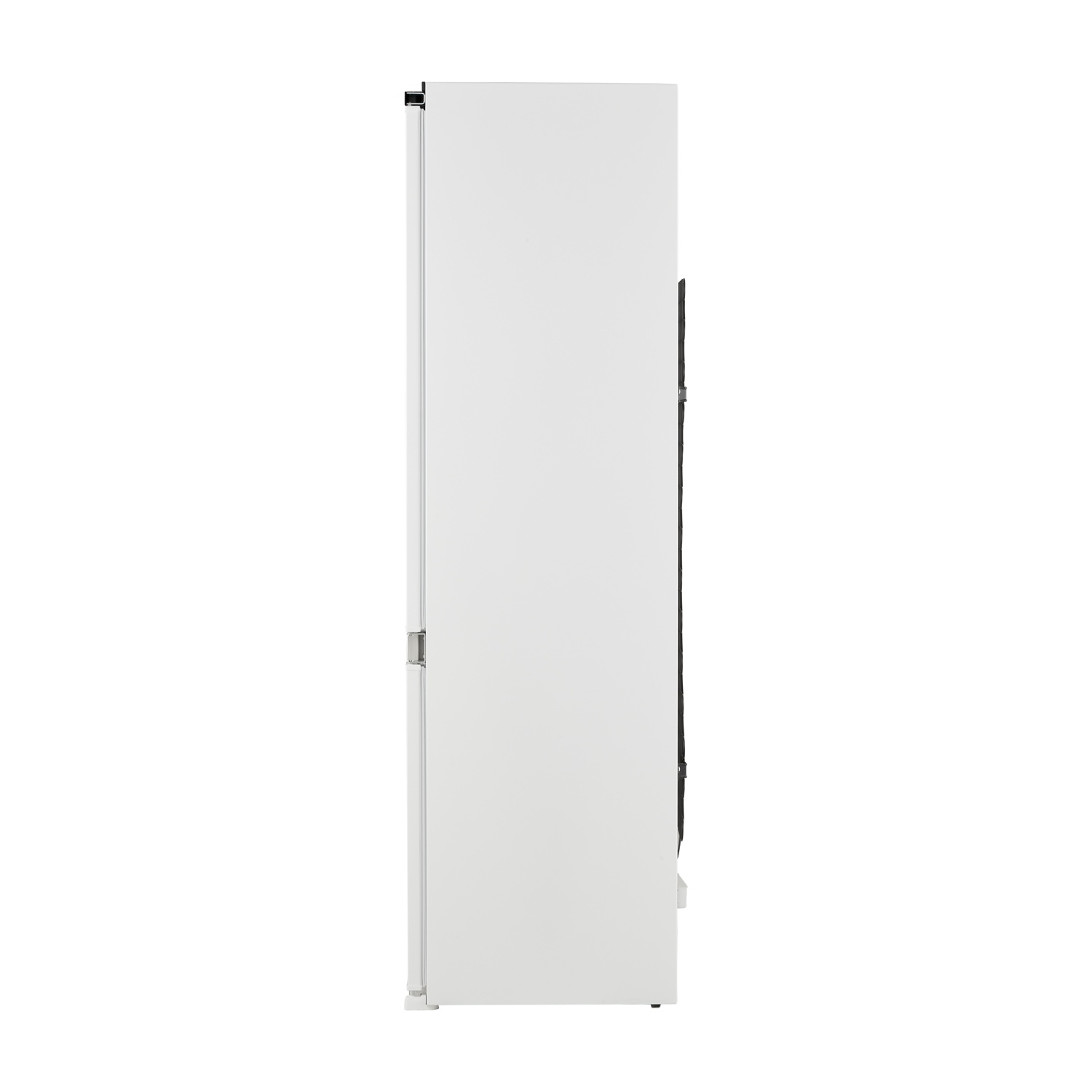 Vista laterale di un frigorifero bianco su sfondo bianco. La porta ha una maniglia nera. Il frigorifero è alto e rettangolare.