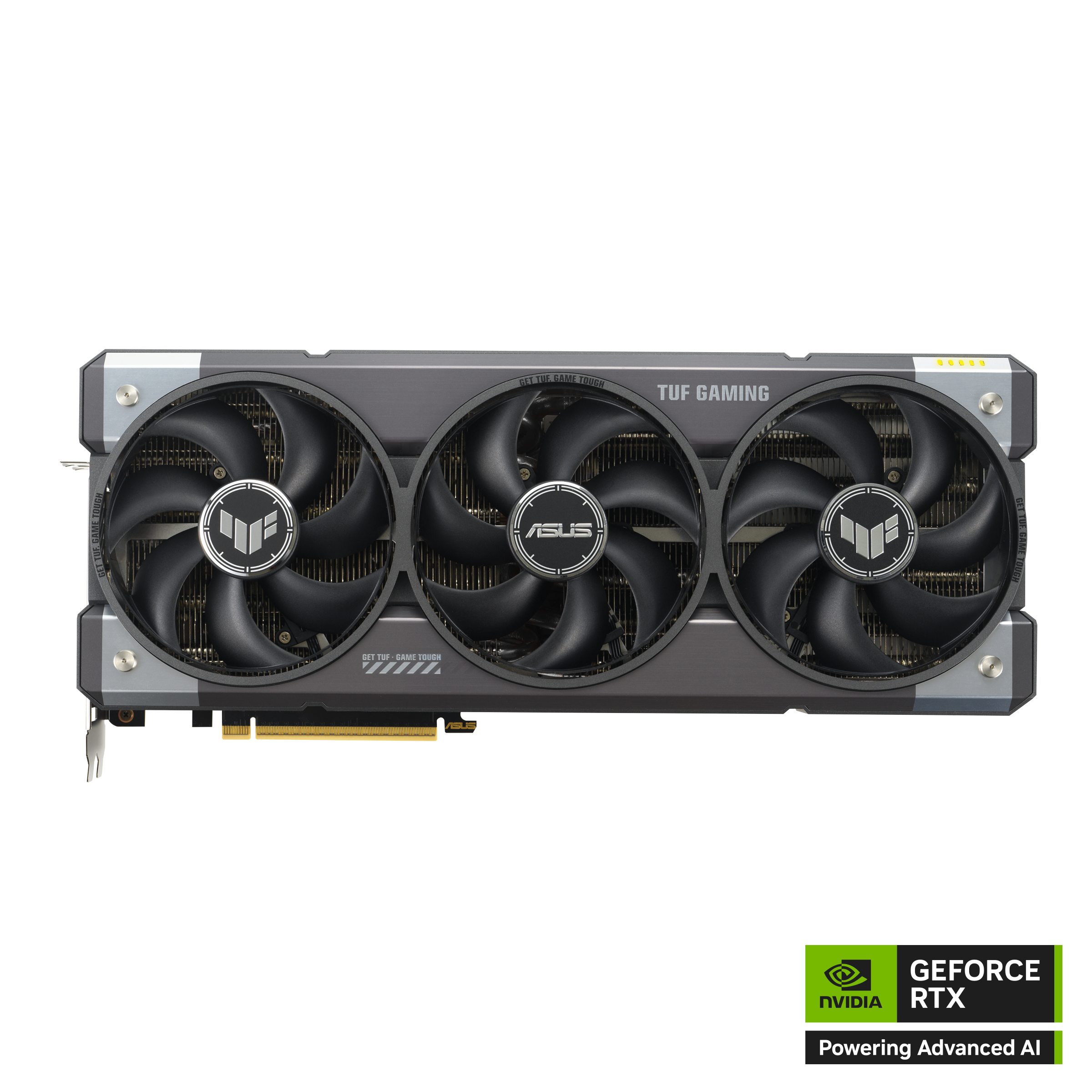 Grafikkarte mit drei schwarzen Lüftern, grau-schwarzem Gehäuse und dem NVIDIA GeForce RTX-Logo.